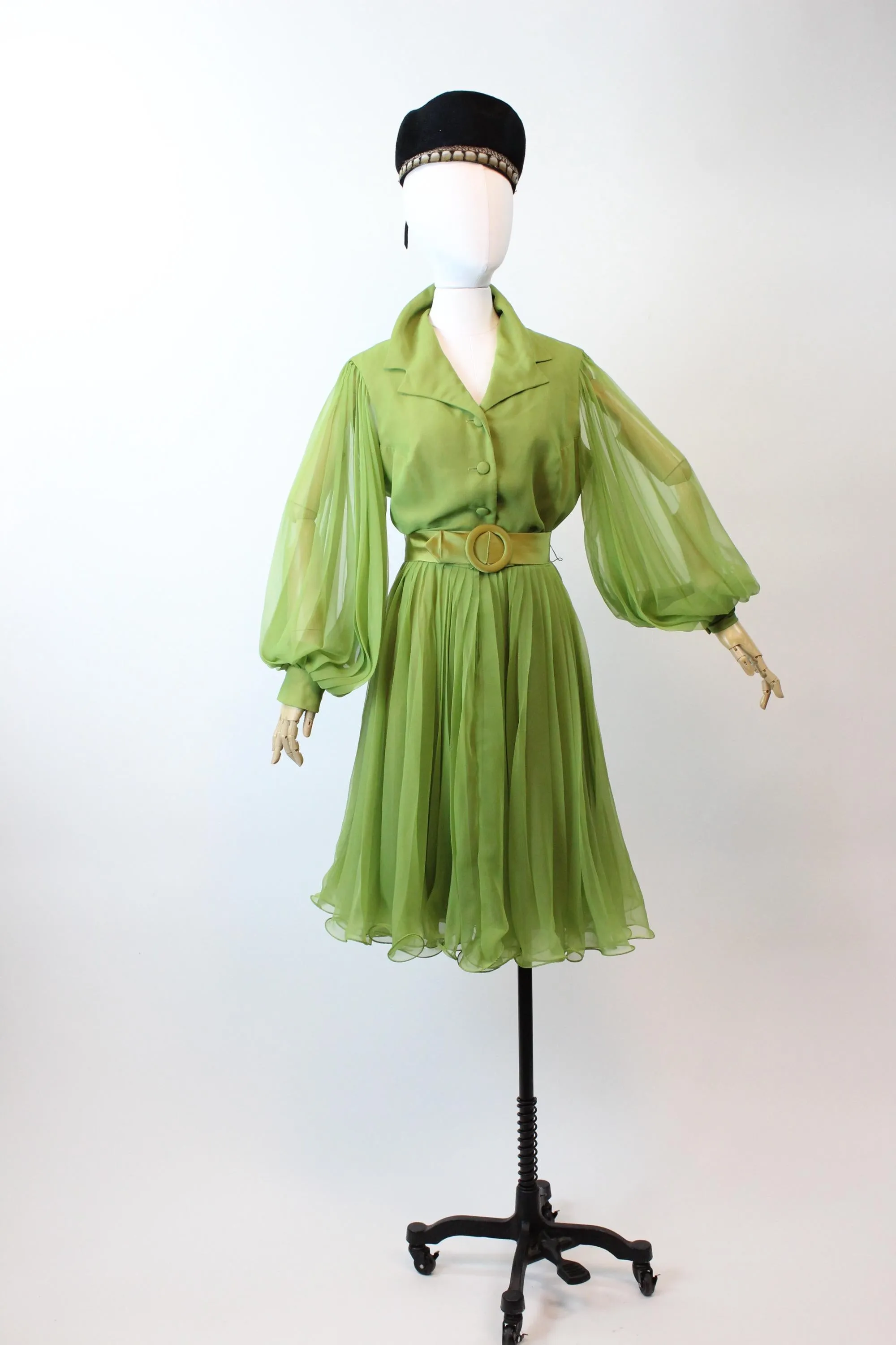 1960s MISS ELLIETTE olive balloon sleeves dress medium | new fall winter