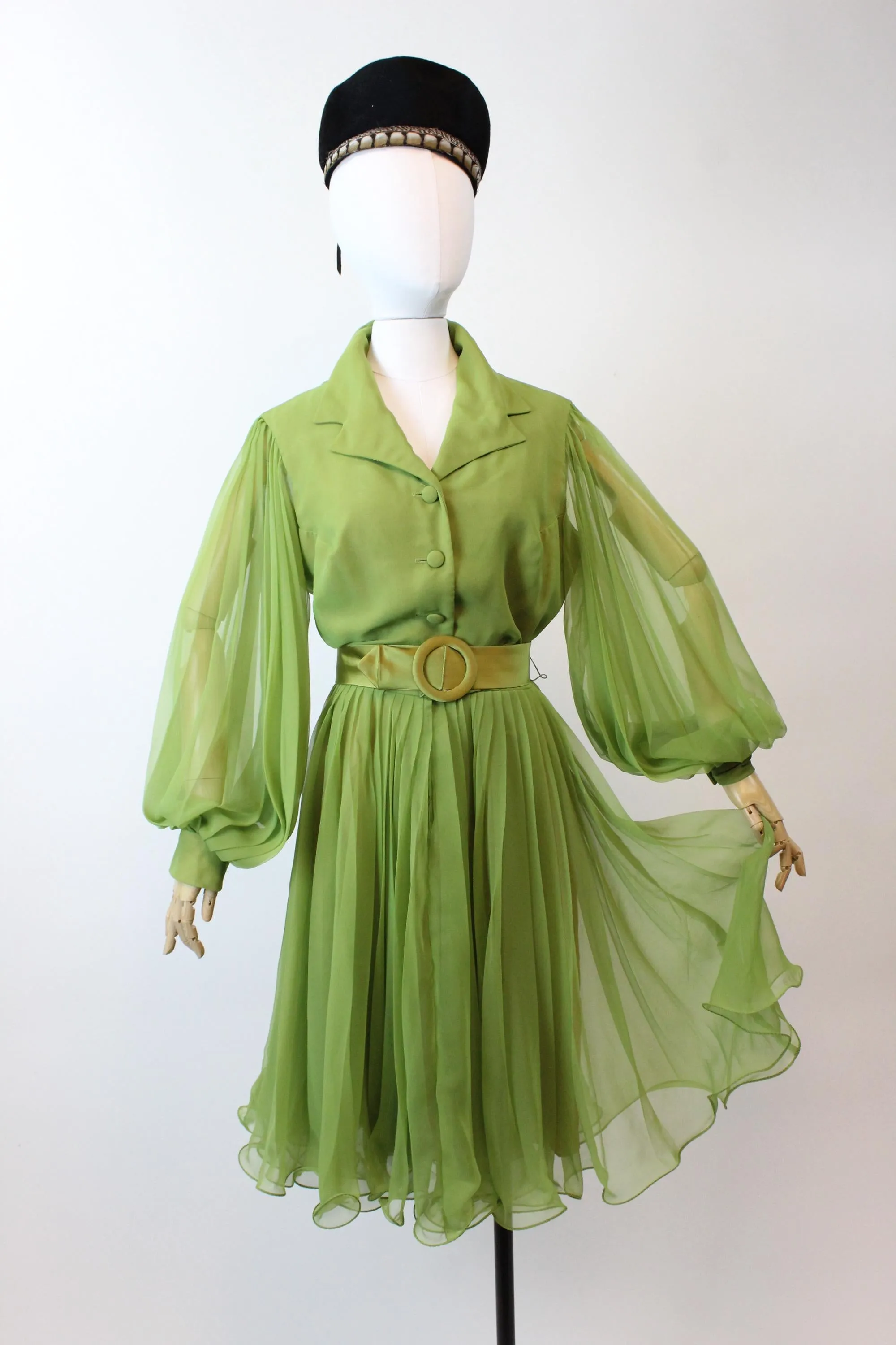 1960s MISS ELLIETTE olive balloon sleeves dress medium | new fall winter