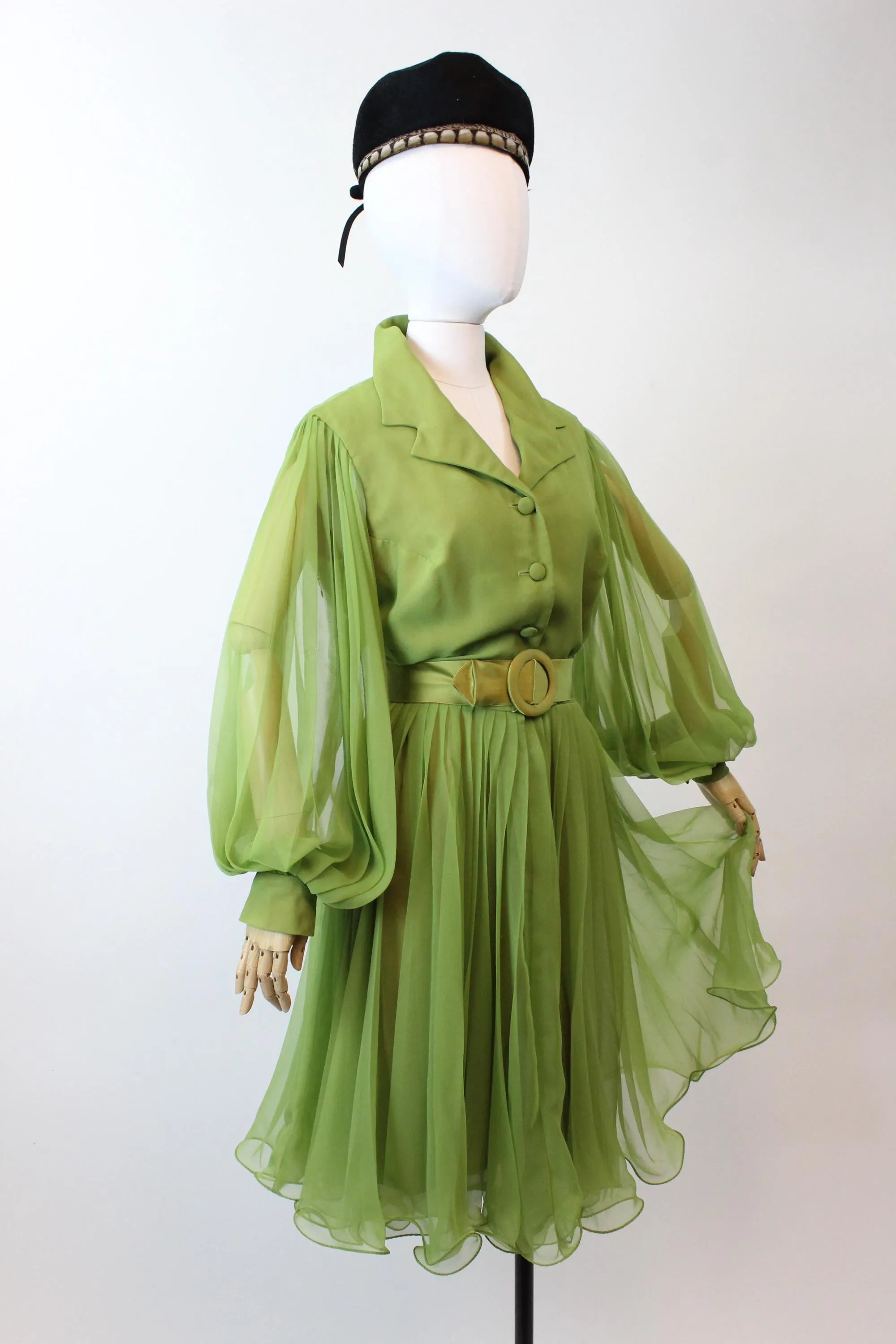 1960s MISS ELLIETTE olive balloon sleeves dress medium | new fall winter