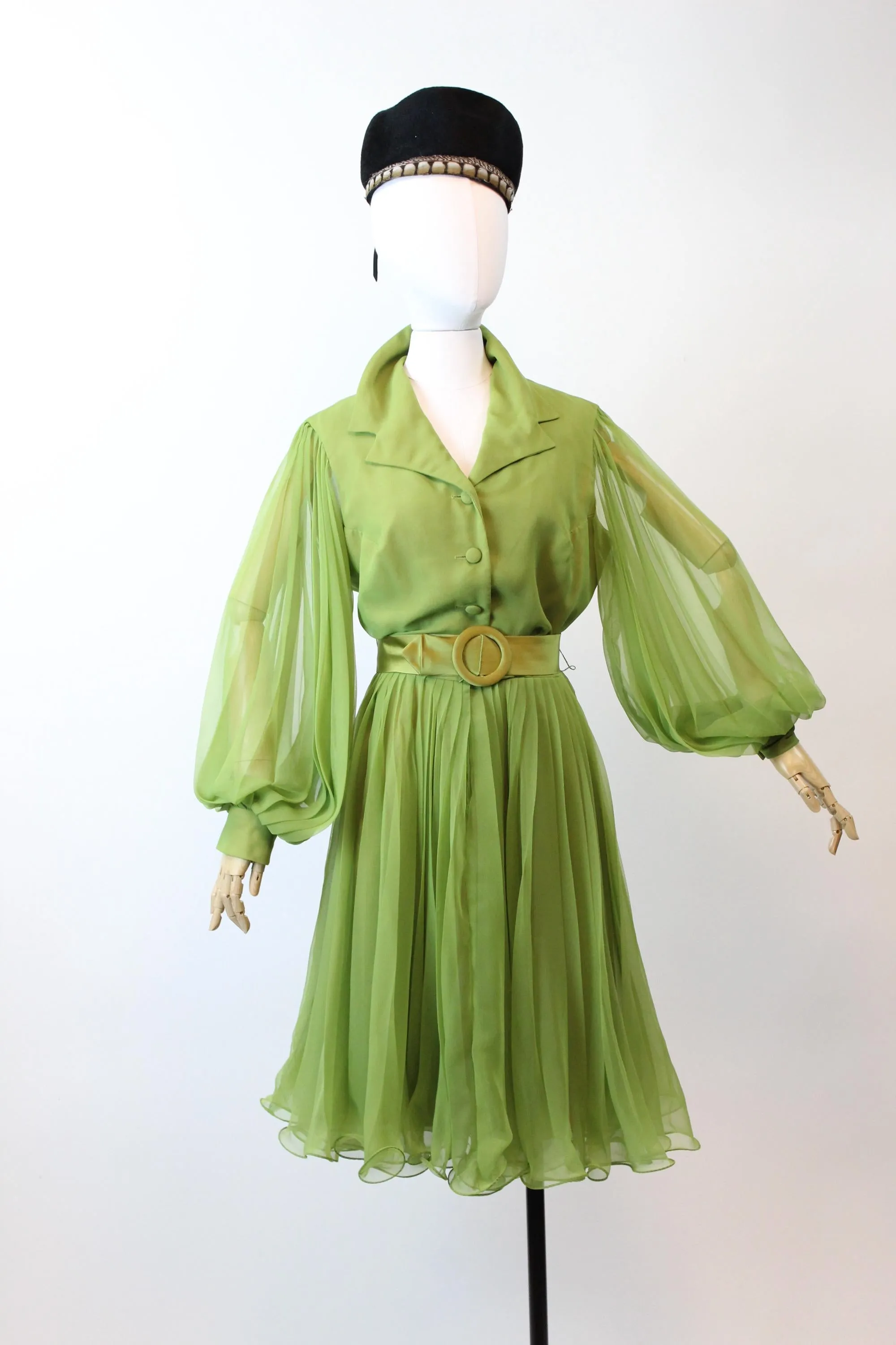 1960s MISS ELLIETTE olive balloon sleeves dress medium | new fall winter