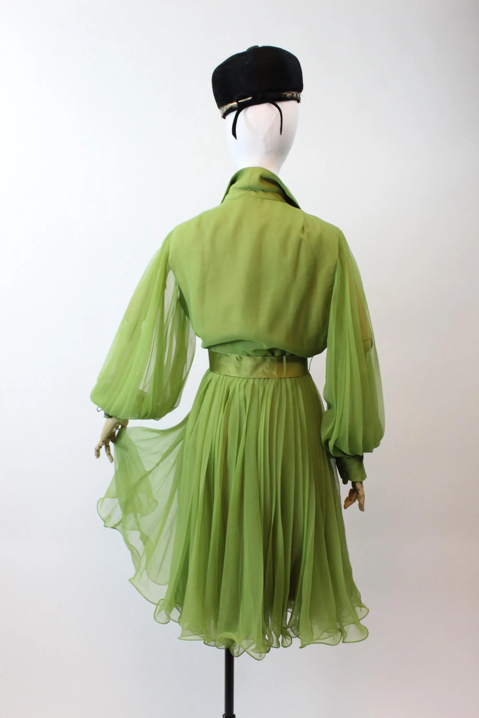 1960s MISS ELLIETTE olive balloon sleeves dress medium | new fall winter