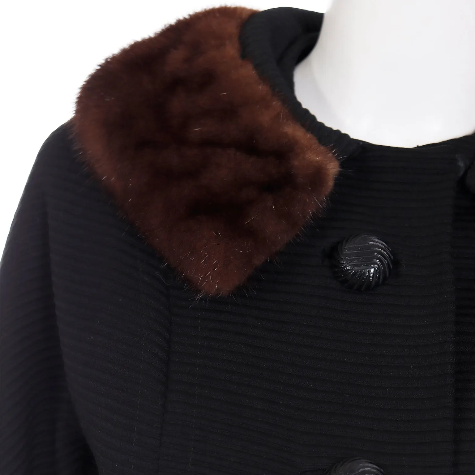 1960s Vintage Black Ottoman Coat With Mink Fur Collar