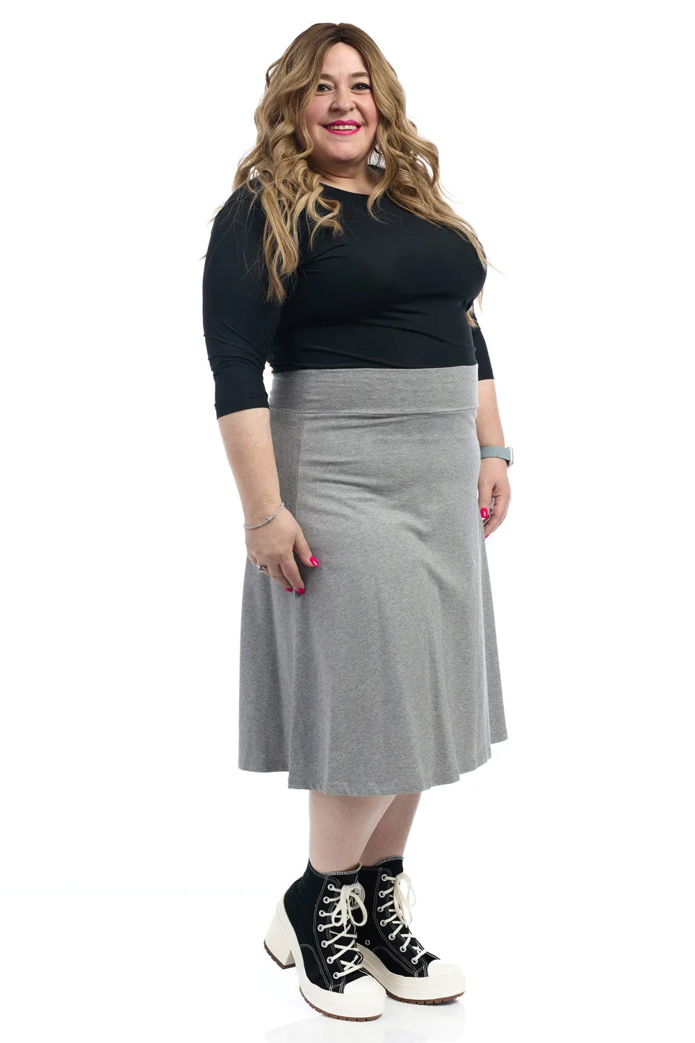 27" Grey Cotton A-Line Below Knee Length Skater Skirt for Women