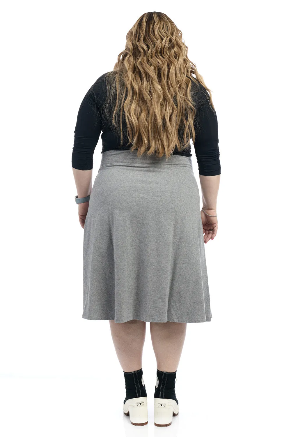 27" Grey Cotton A-Line Below Knee Length Skater Skirt for Women