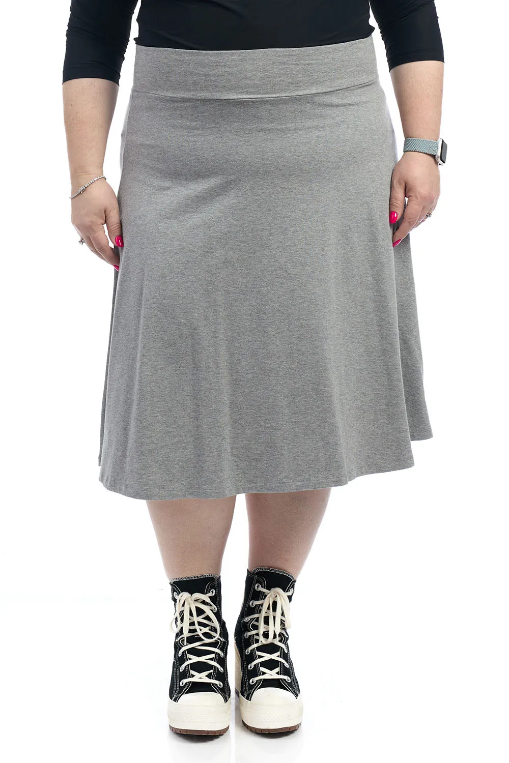 27" Grey Cotton A-Line Below Knee Length Skater Skirt for Women