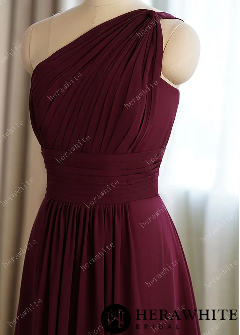 A-line Burgundy Chiffon One Shoulder Bridesmaid Dress