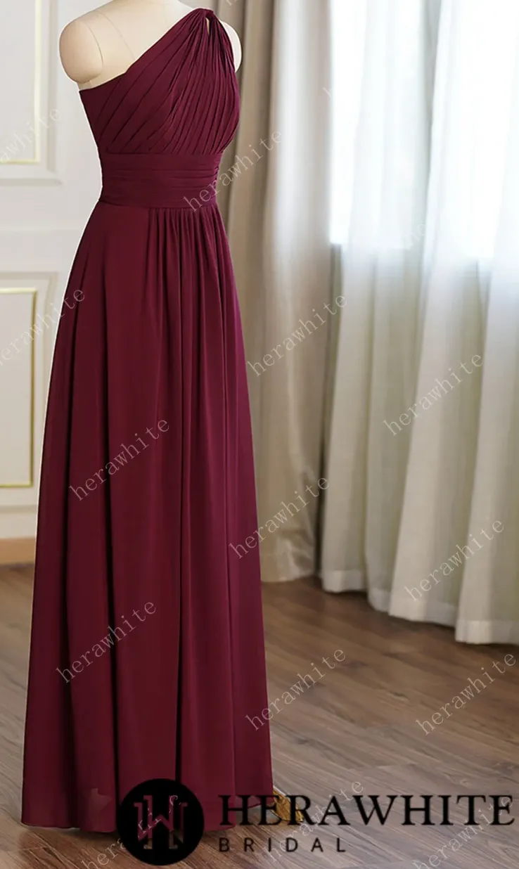 A-line Burgundy Chiffon One Shoulder Bridesmaid Dress