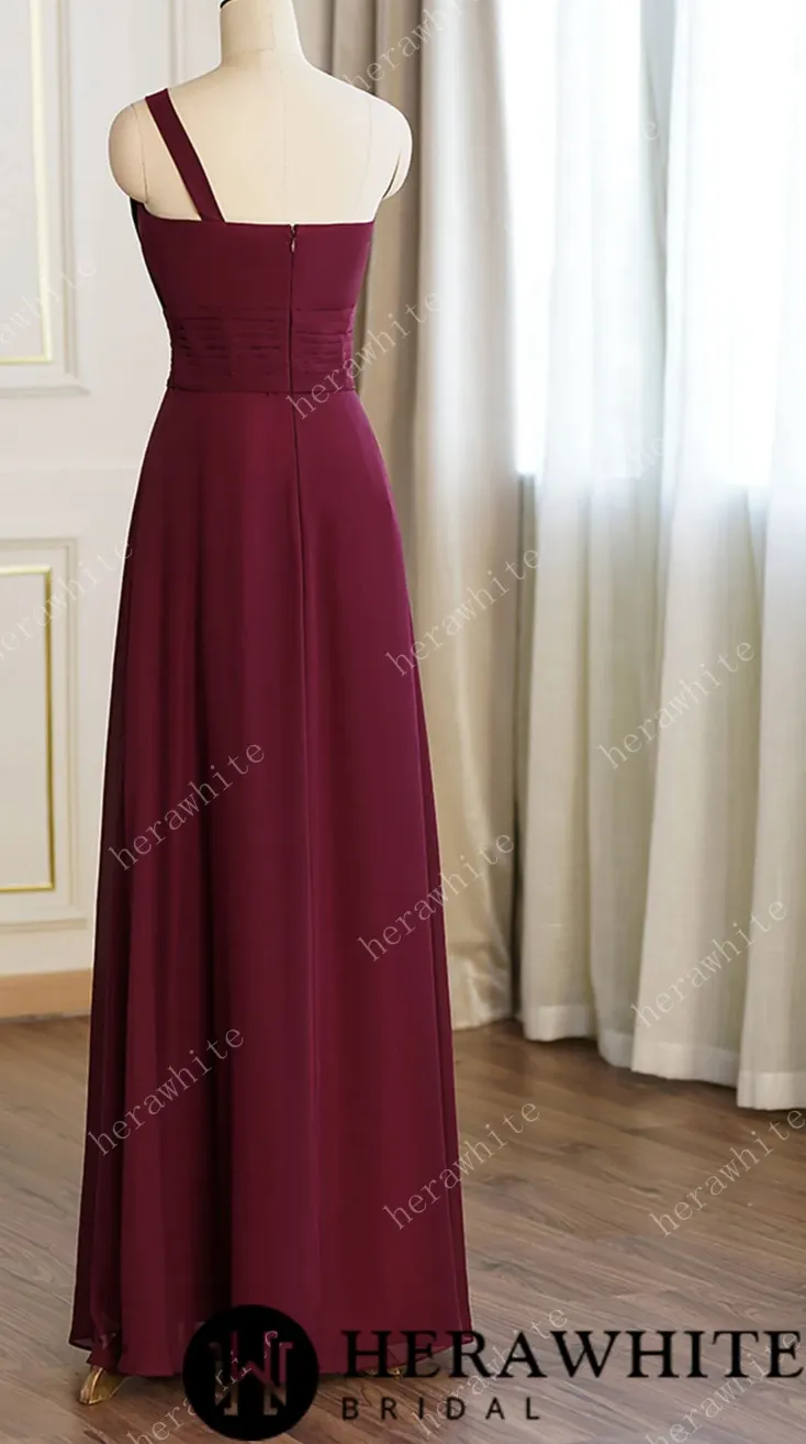 A-line Burgundy Chiffon One Shoulder Bridesmaid Dress