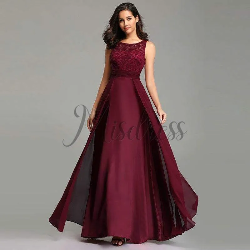 A-line Lace Sleeveless Burgundy / Black Chiffon Evening Prom Dress