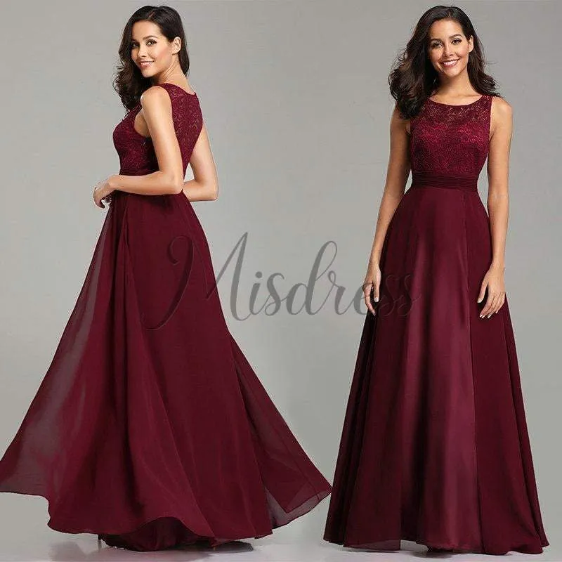 A-line Lace Sleeveless Burgundy / Black Chiffon Evening Prom Dress