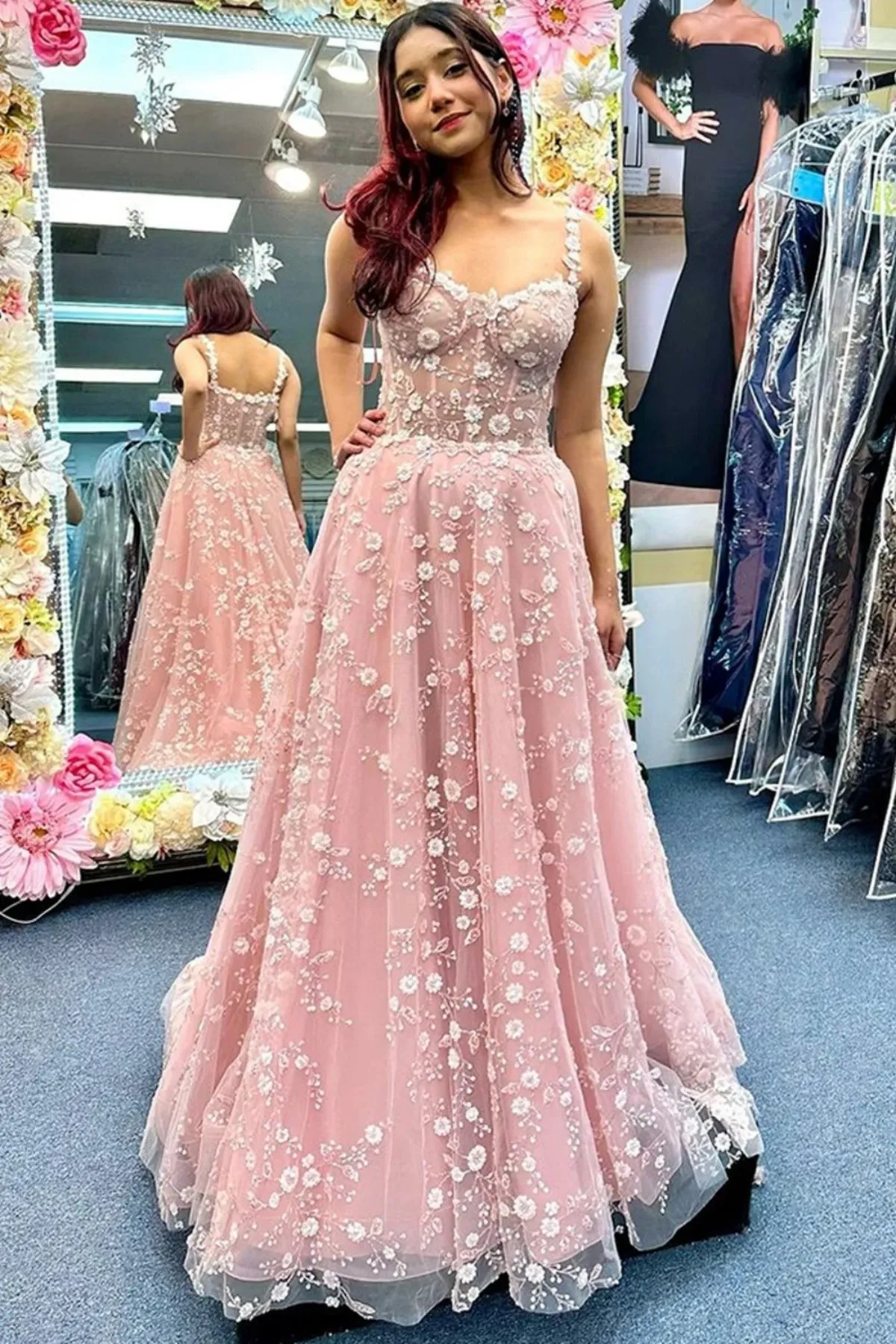 A Line Open Back Pink/Light Blue Lace Long Prom Dress with High Slit, Pink/Light Blue Formal Graduation Evening Dress with Appliques A2158