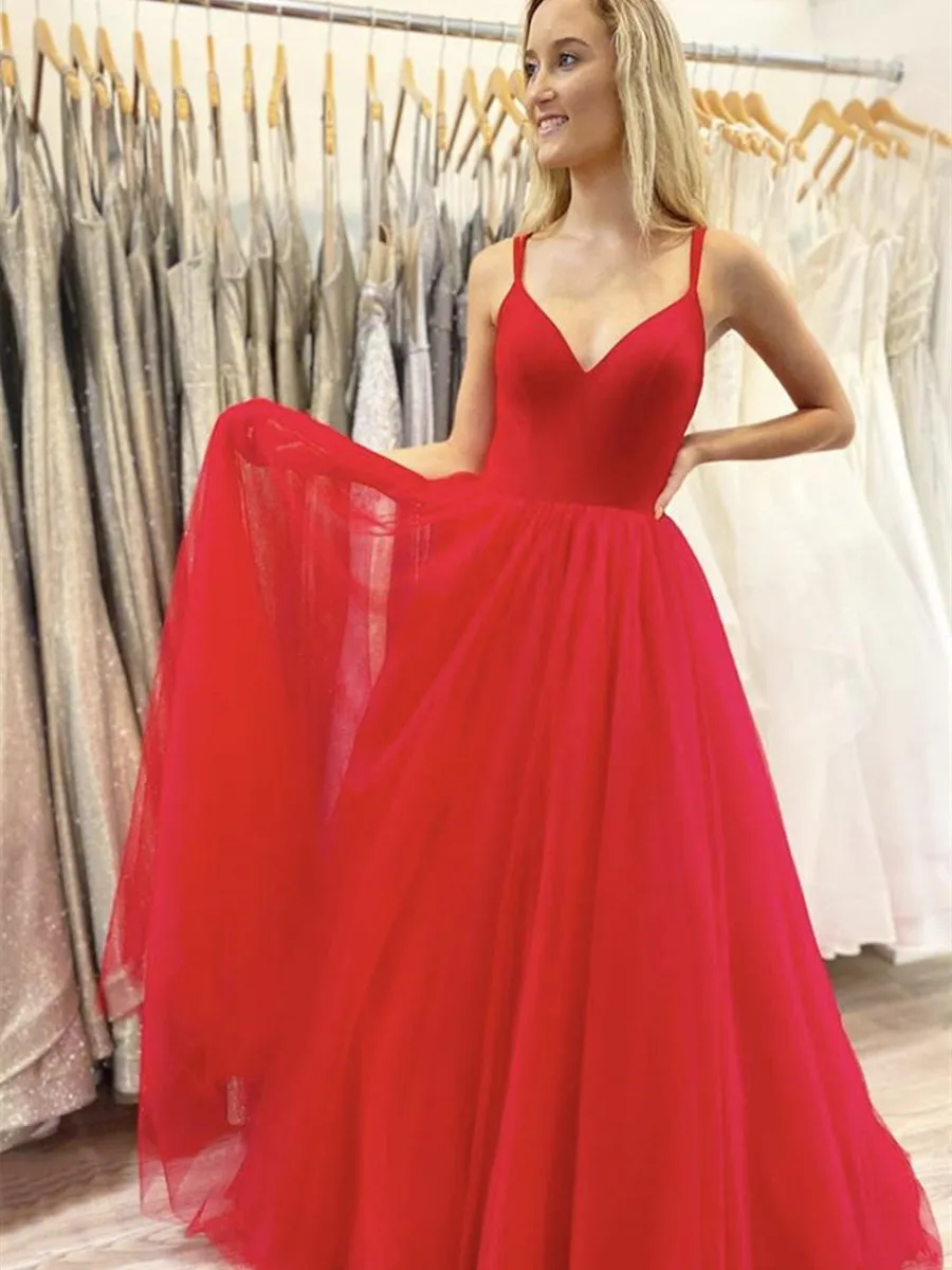 A Line V Neck Red Chiffon Long Prom, Red Long Formal Graduation Evening