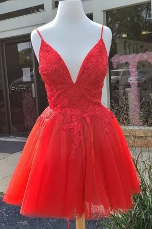 A Line V Neck Red Lace Short Prom Dress Red Lace Homecoming Dress