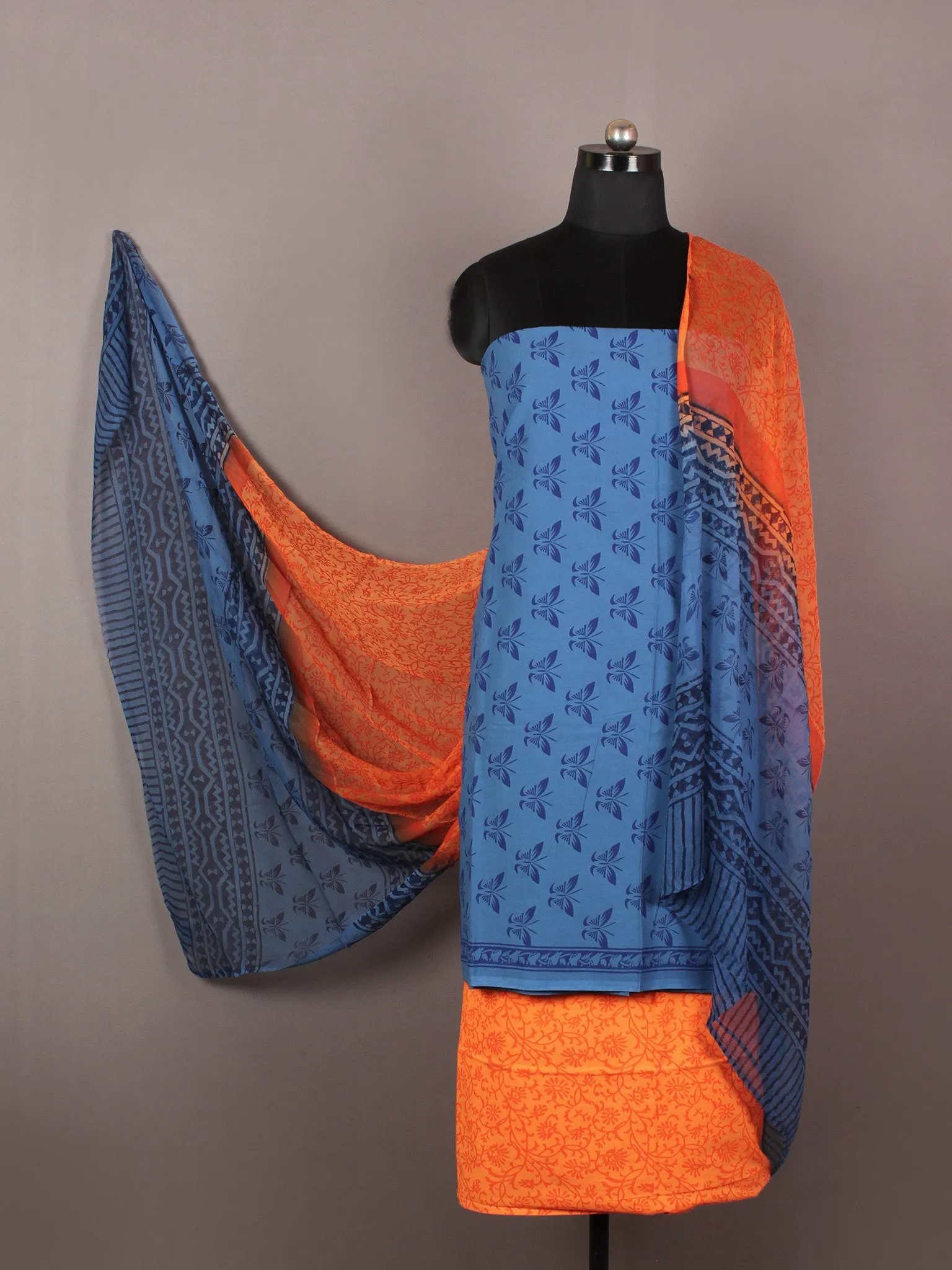 Aegean Blue Indigo Orange Hand Block Printed Cotton Suit-Salwar Fabric With Chiffon Dupatta - S1628166