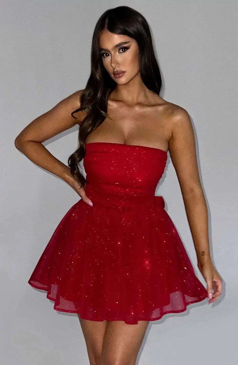 Amozae-hoco dresses Amozae Mesh Strapless Sparkle Sexy Mini Dress For Women Fashion Backless Bow Pleated Dresses Femme Club Party Dress Elegant