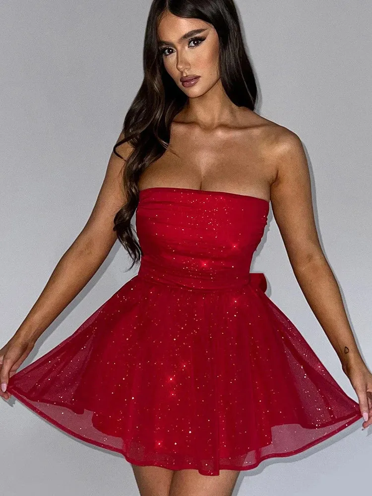 Amozae-hoco dresses Amozae Mesh Strapless Sparkle Sexy Mini Dress For Women Fashion Backless Bow Pleated Dresses Femme Club Party Dress Elegant