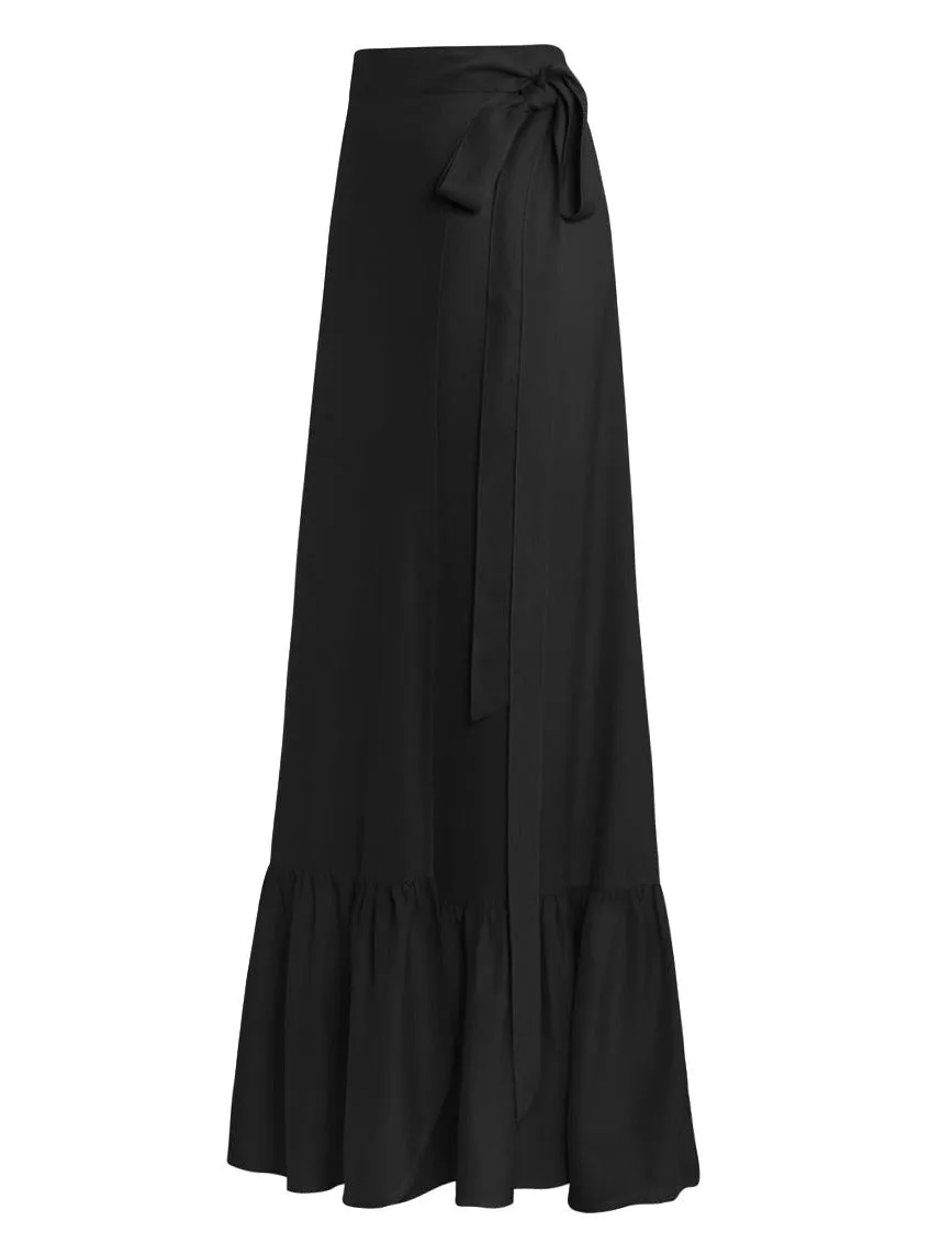 Aura Ruffle Pareo Wrap Maxi Skirt in Bamboo Crepe - Black