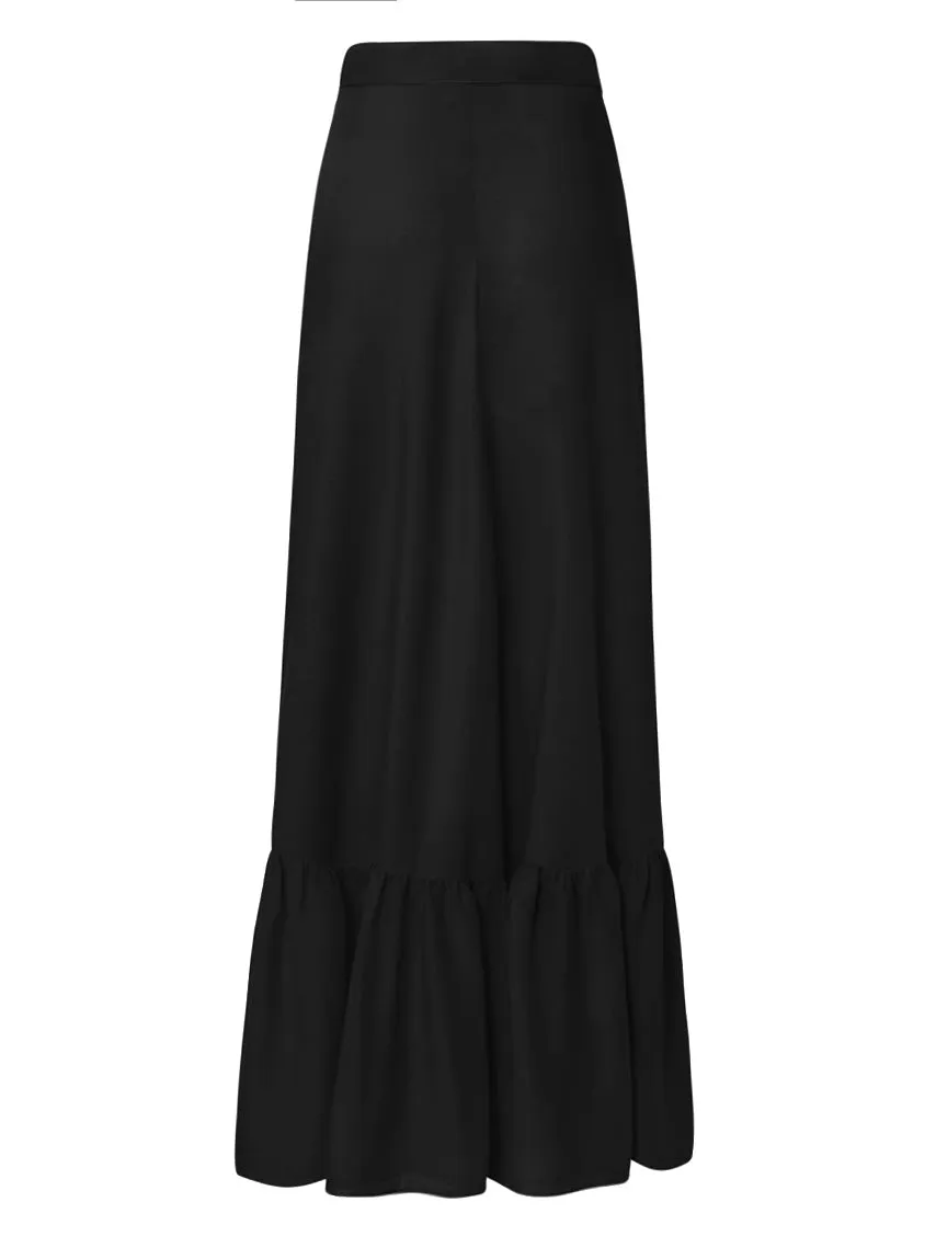 Aura Ruffle Pareo Wrap Maxi Skirt in Bamboo Crepe - Black