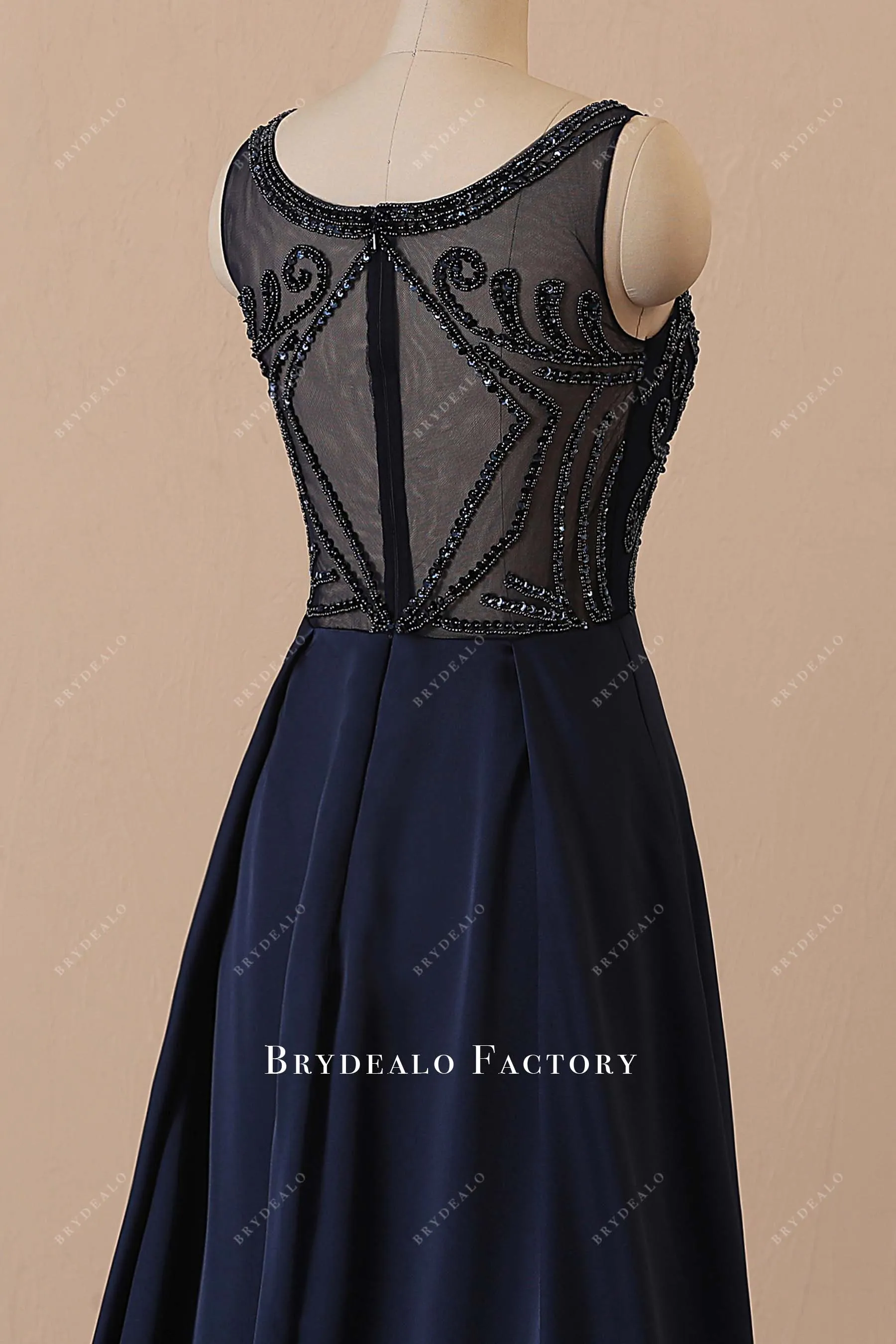 Beaded Navy Satin Illusion Neck A-line Plus Size Evening Prom Dress