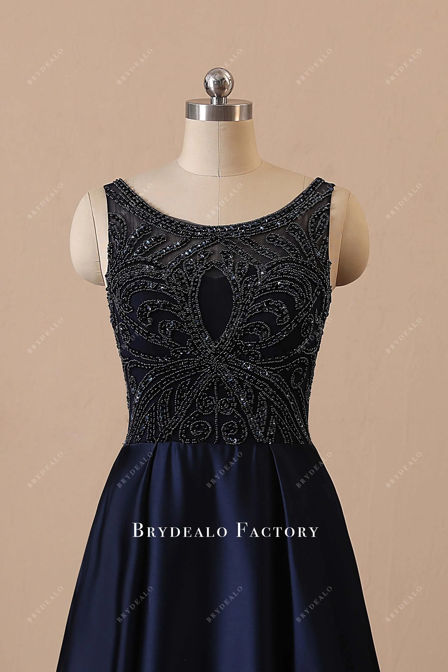 Beaded Navy Satin Illusion Neck A-line Plus Size Evening Prom Dress