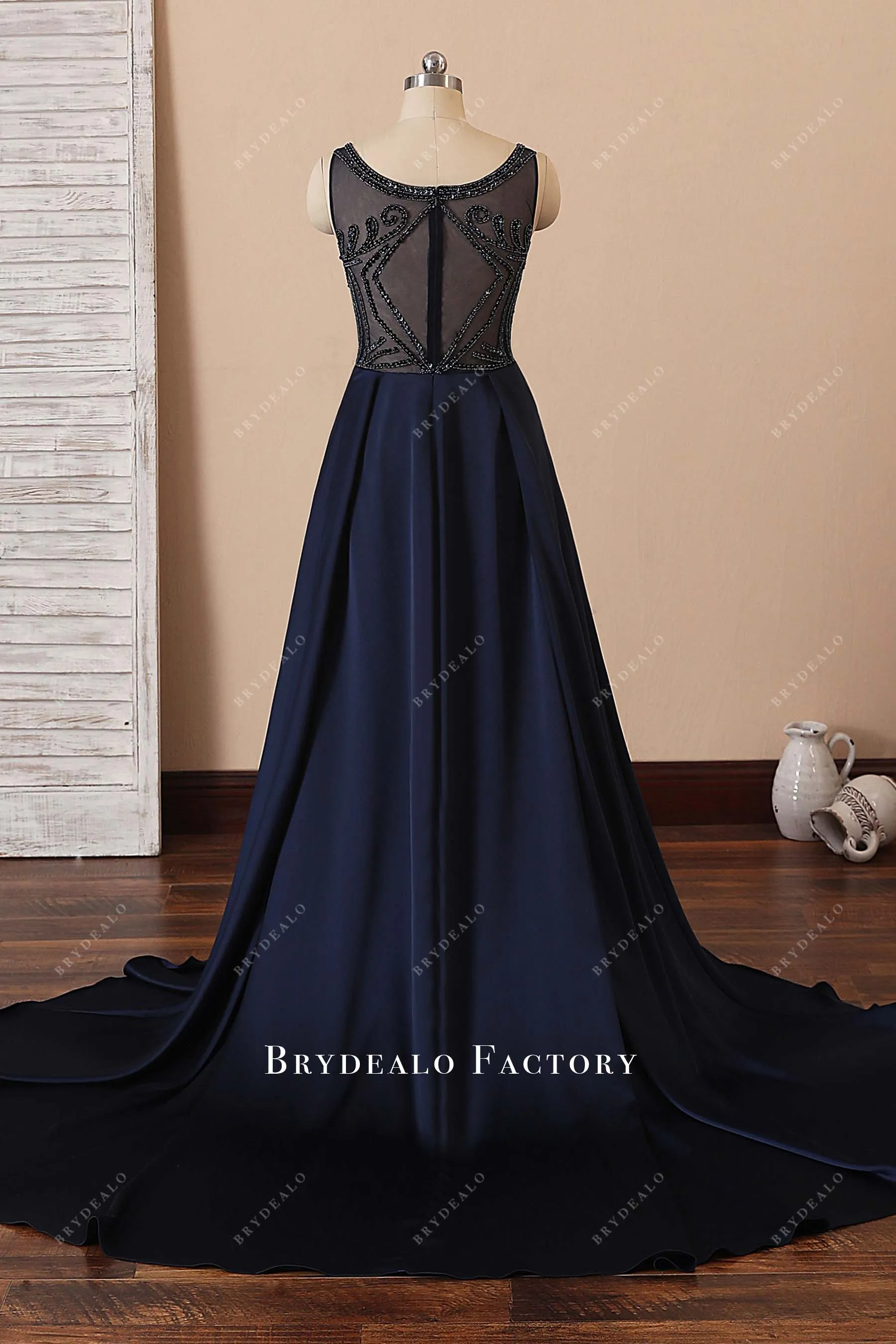 Beaded Navy Satin Illusion Neck A-line Plus Size Evening Prom Dress