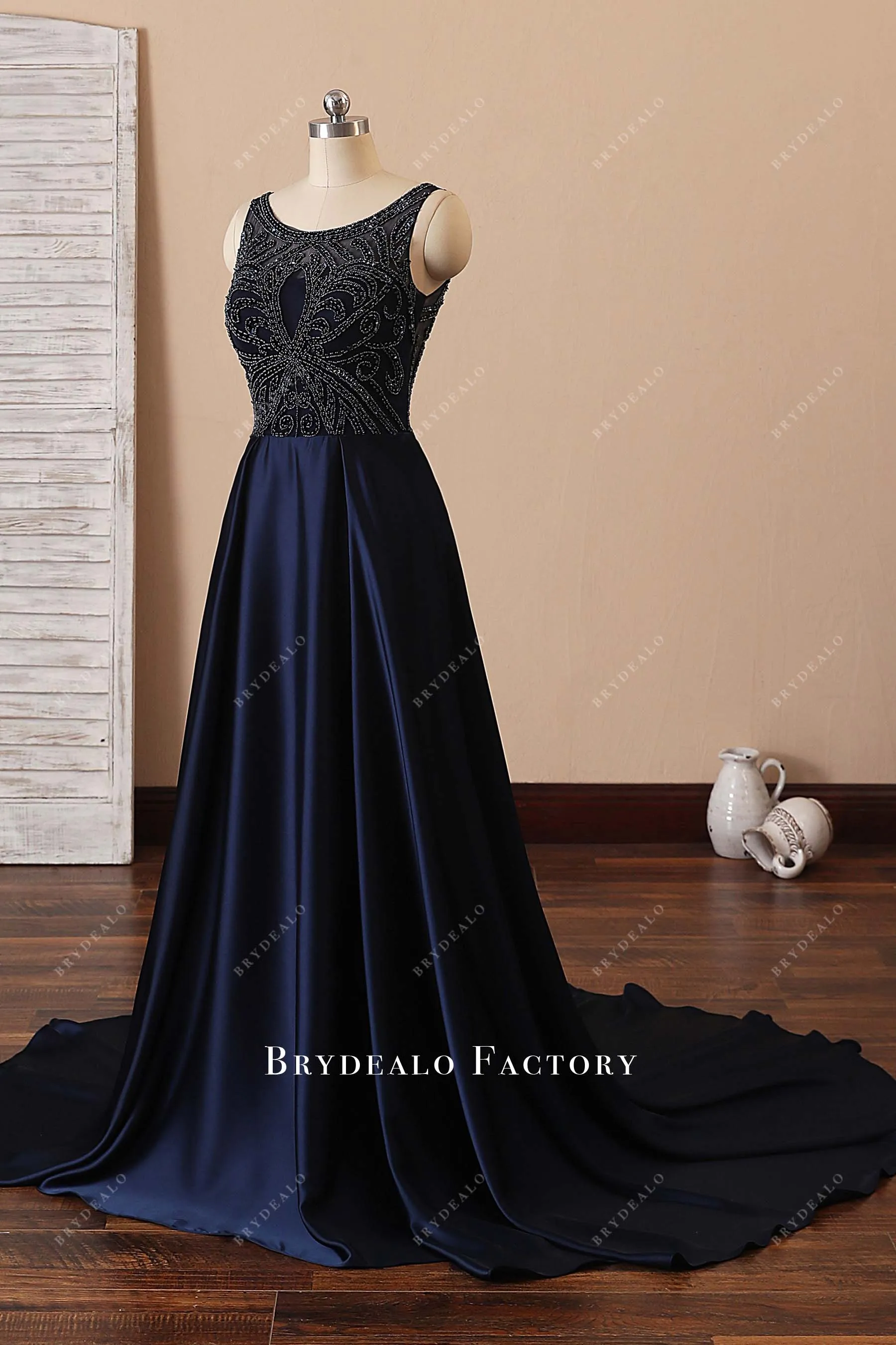 Beaded Navy Satin Illusion Neck A-line Plus Size Evening Prom Dress