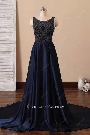 Beaded Navy Satin Illusion Neck A-line Plus Size Evening Prom Dress