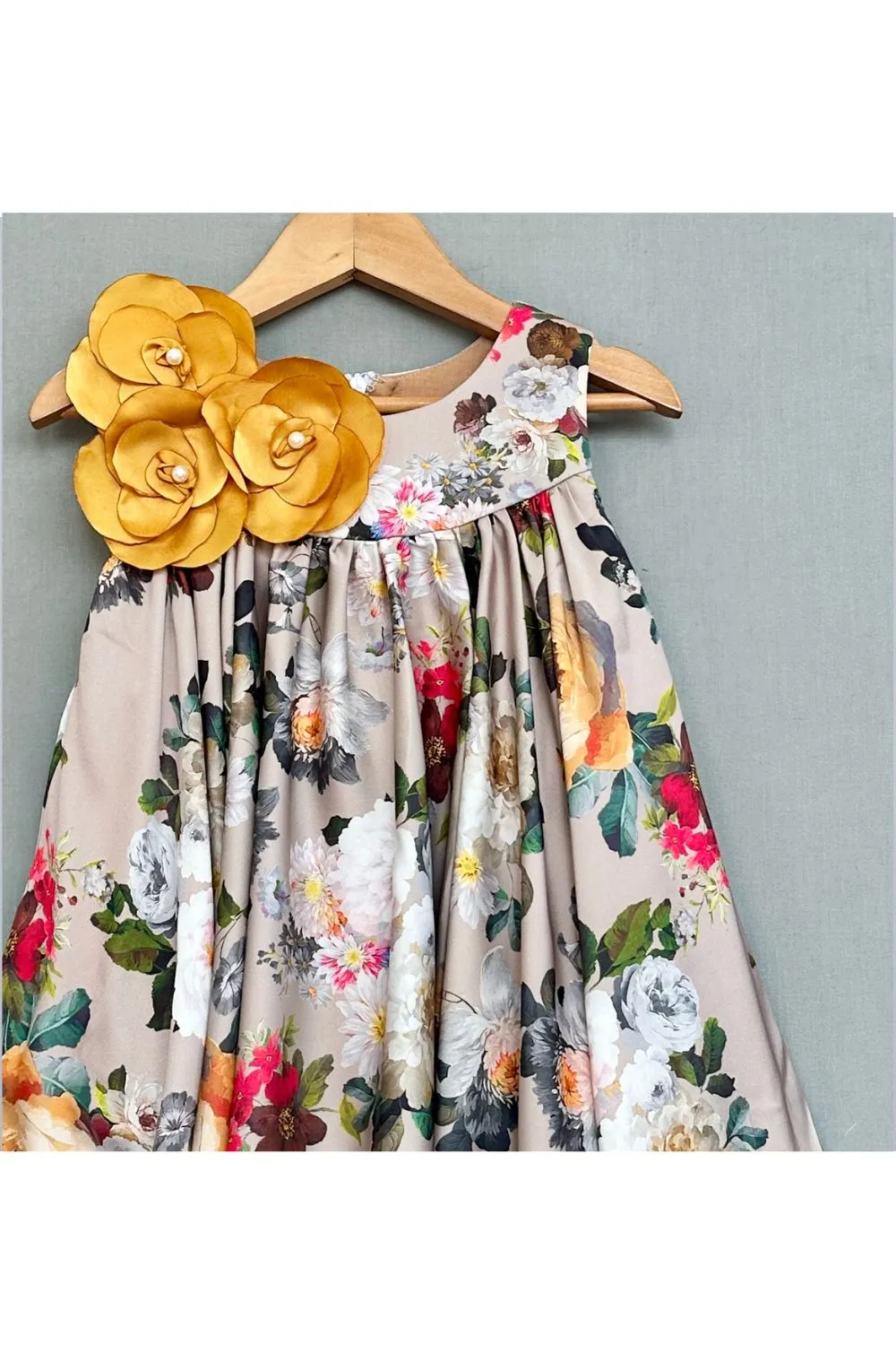 Beige Floral Dress with 3D Handmade flowers