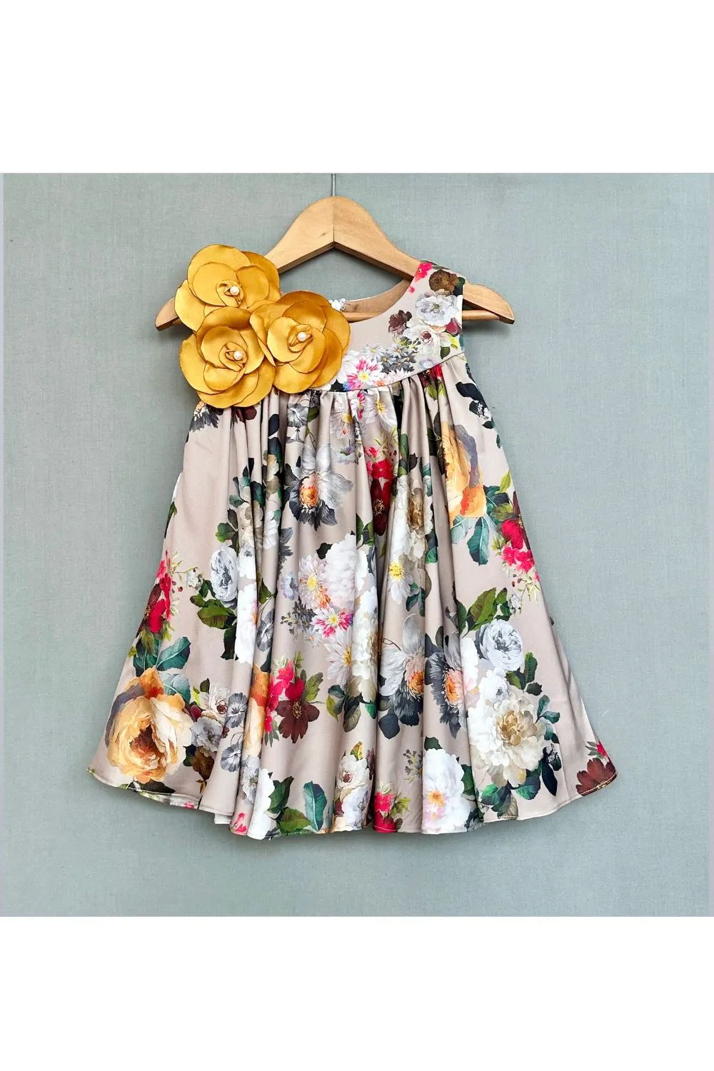 Beige Floral Dress with 3D Handmade flowers