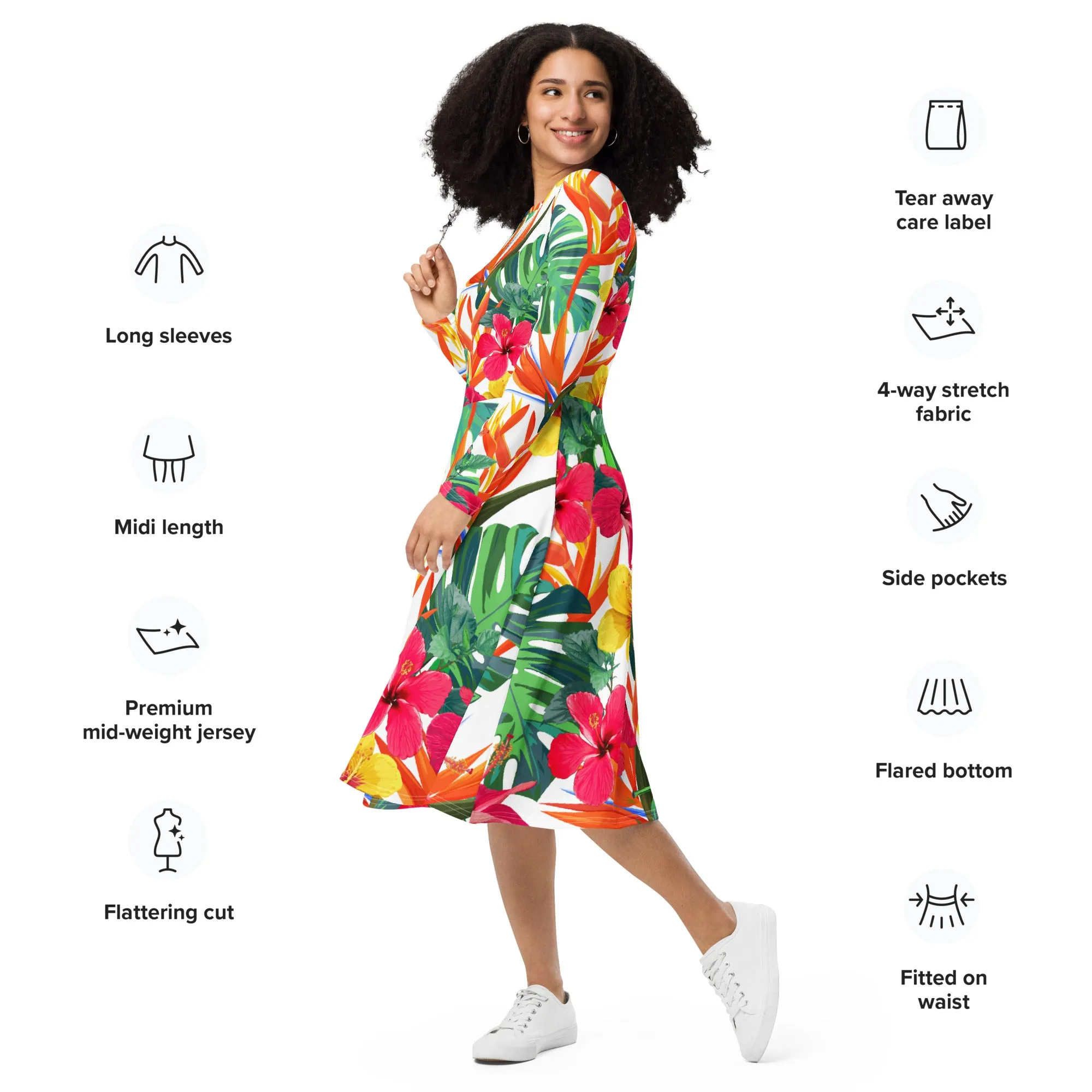 Bird of Paradise Floral Long Sleeve Midi Dress