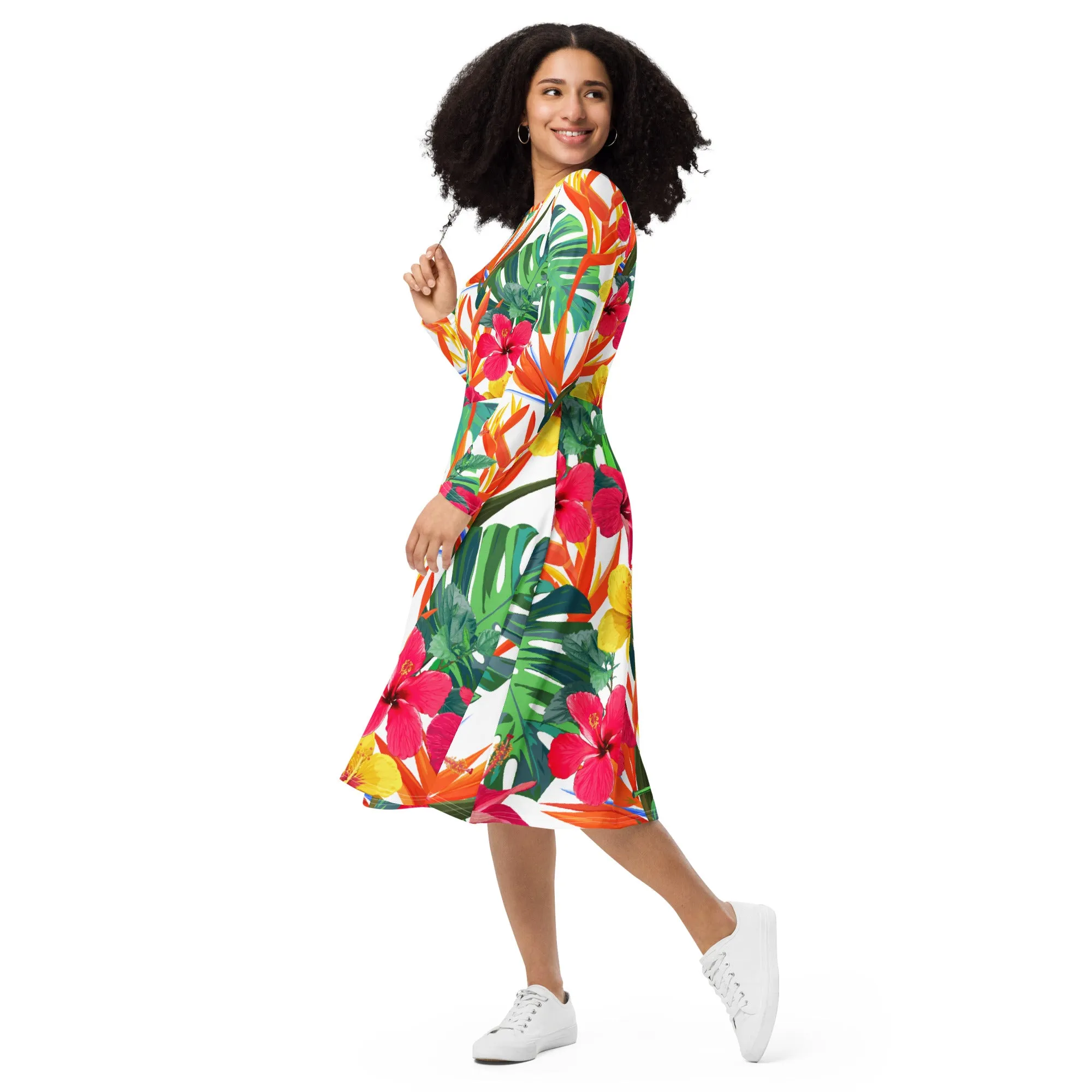 Bird of Paradise Floral Long Sleeve Midi Dress