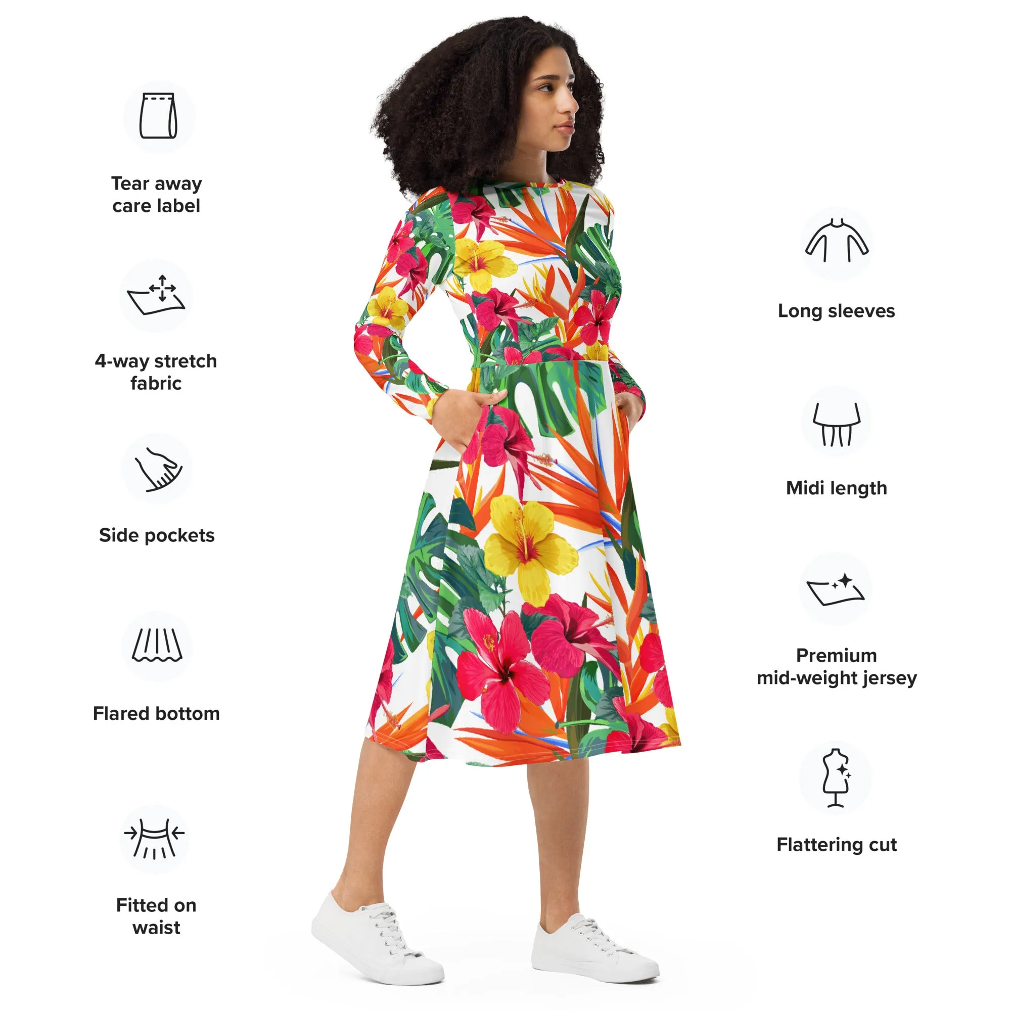 Bird of Paradise Floral Long Sleeve Midi Dress