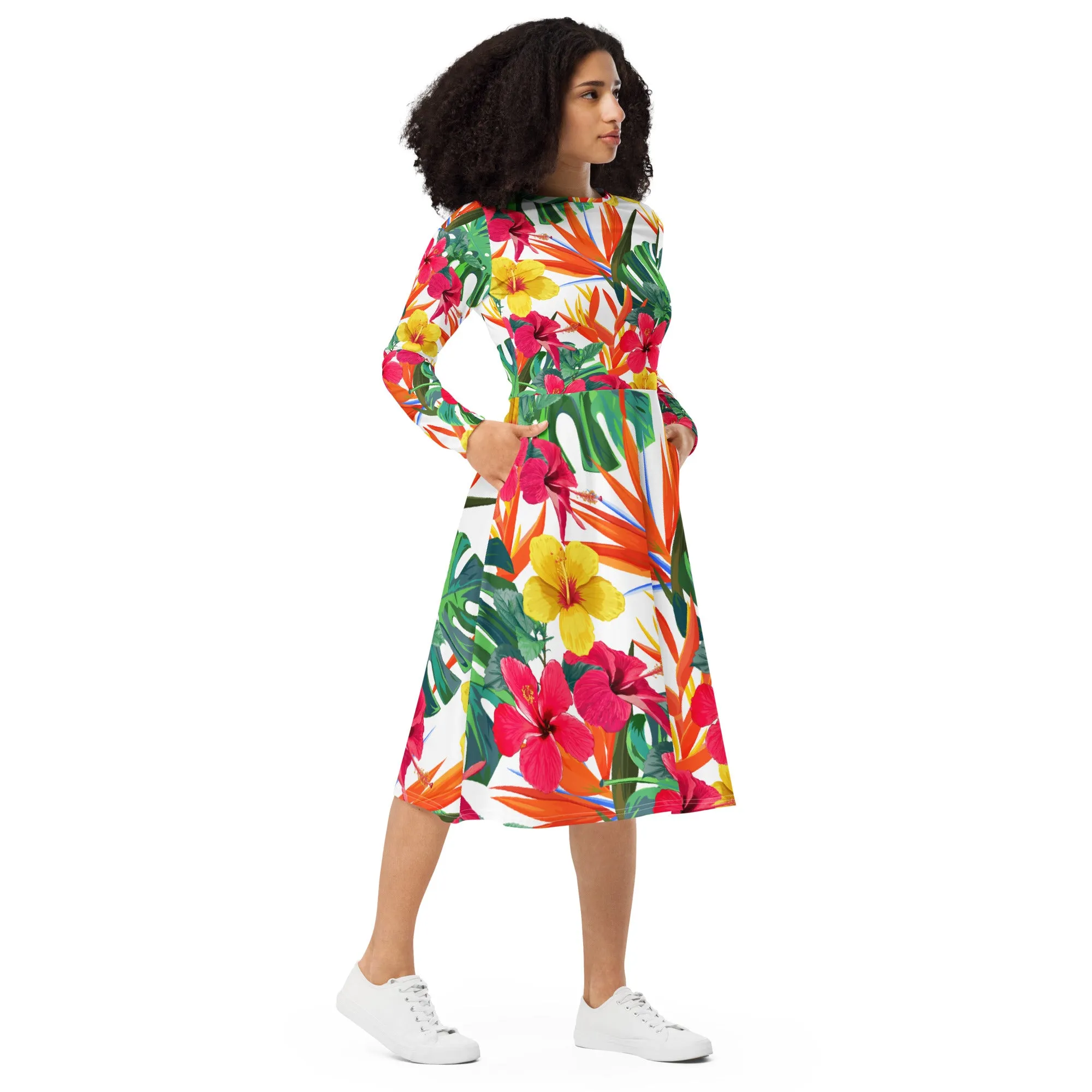 Bird of Paradise Floral Long Sleeve Midi Dress