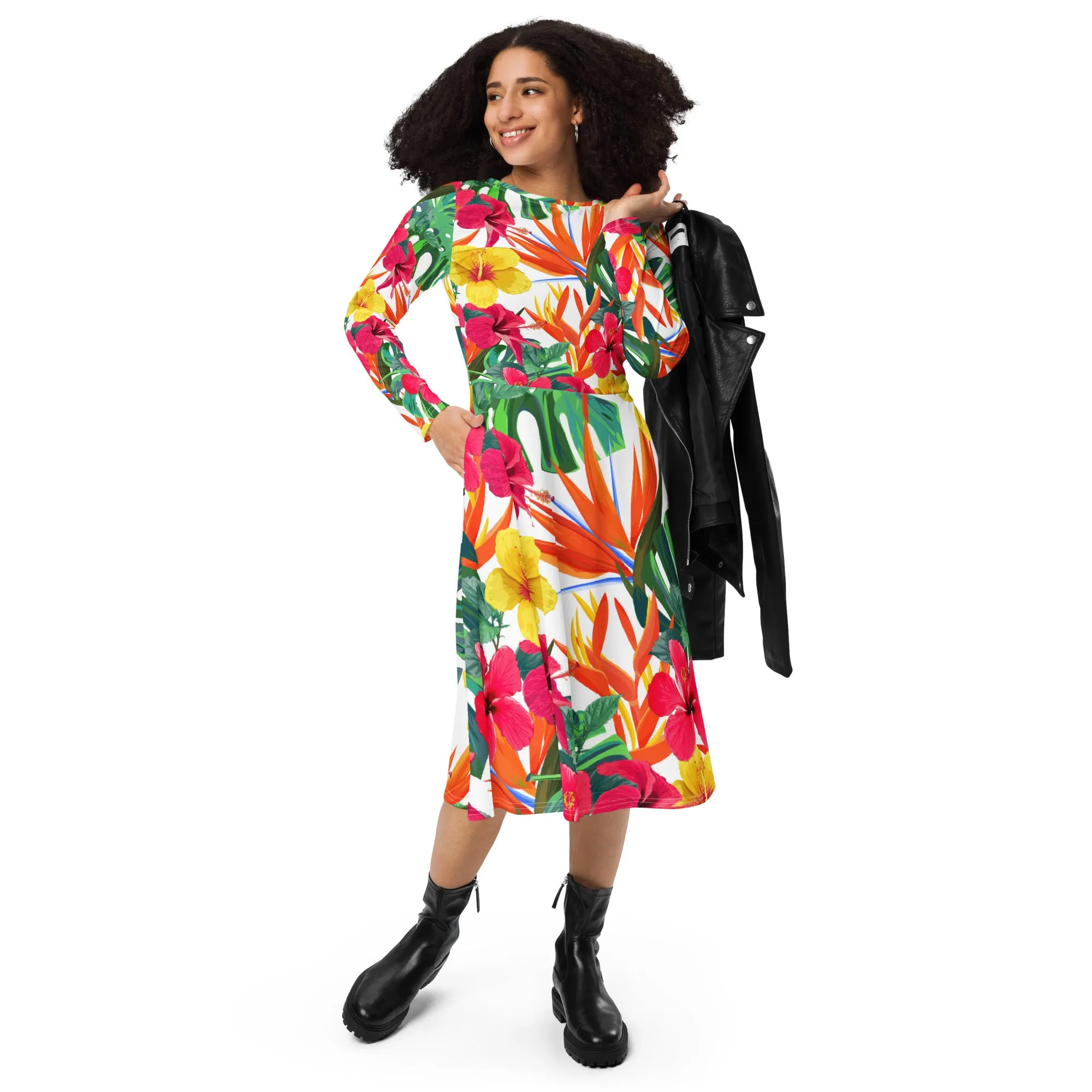 Bird of Paradise Floral Long Sleeve Midi Dress