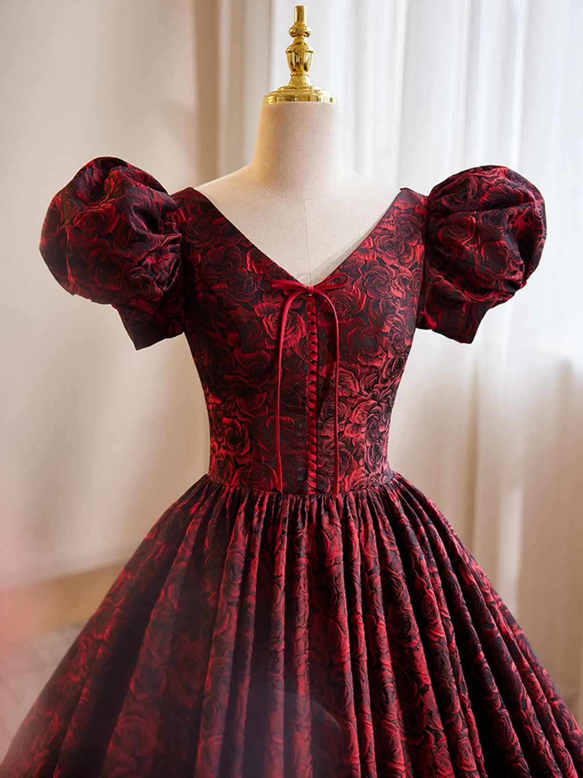 Black and Red V-neckline Puffy Sleeves Length Party Dress, Lace Long Prom Dress