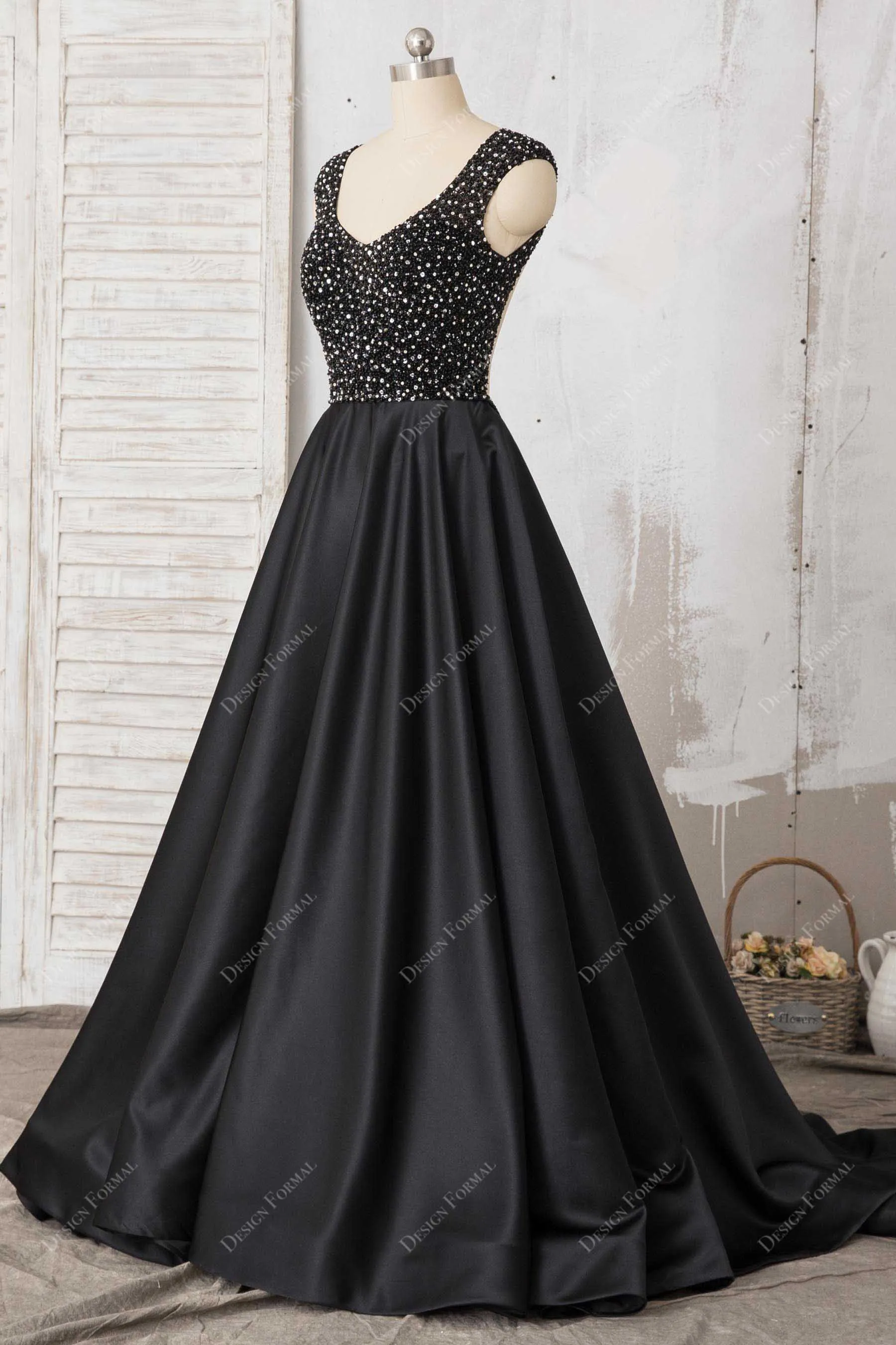 Black Beaded Satin Queen Anne Neck Sexy Open Back A-line Dress