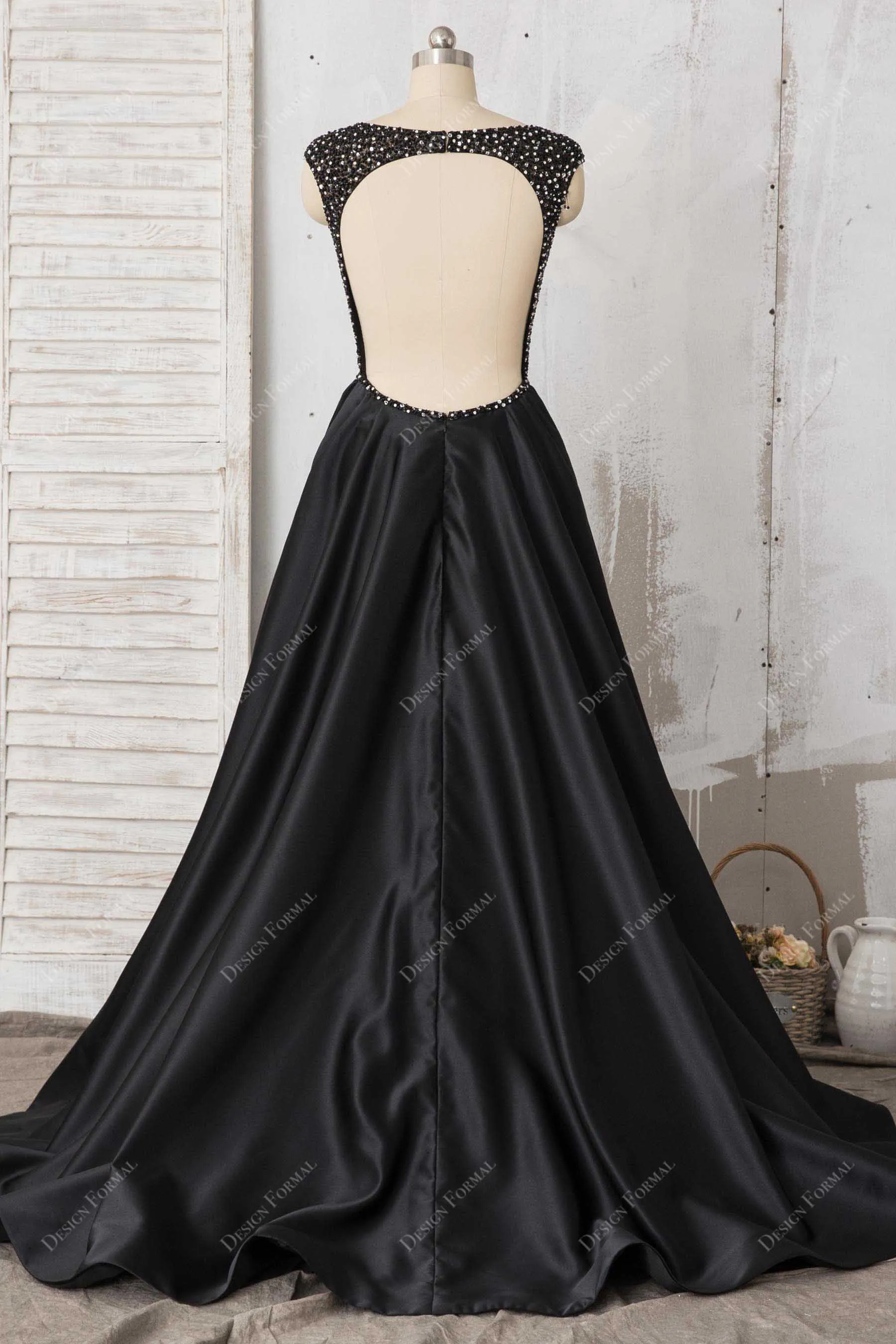 Black Beaded Satin Queen Anne Neck Sexy Open Back A-line Dress