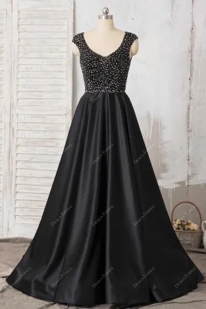 Black Beaded Satin Queen Anne Neck Sexy Open Back A-line Dress