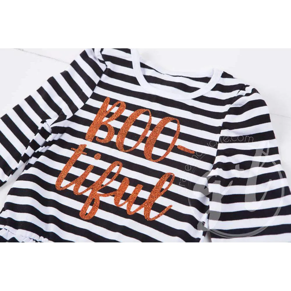 Black Stripe "BOO-tiful" Ruffle Hem Shirt, Long Sleeve