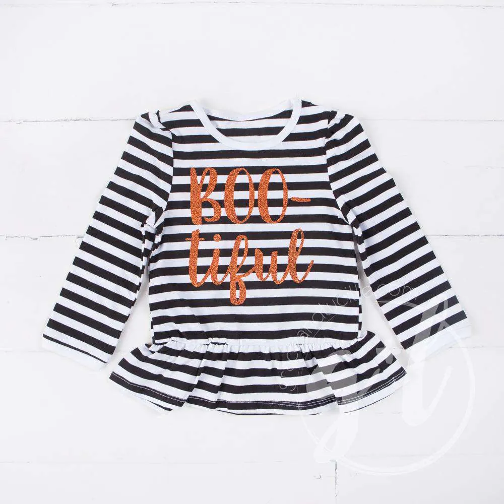 Black Stripe "BOO-tiful" Ruffle Hem Shirt, Long Sleeve