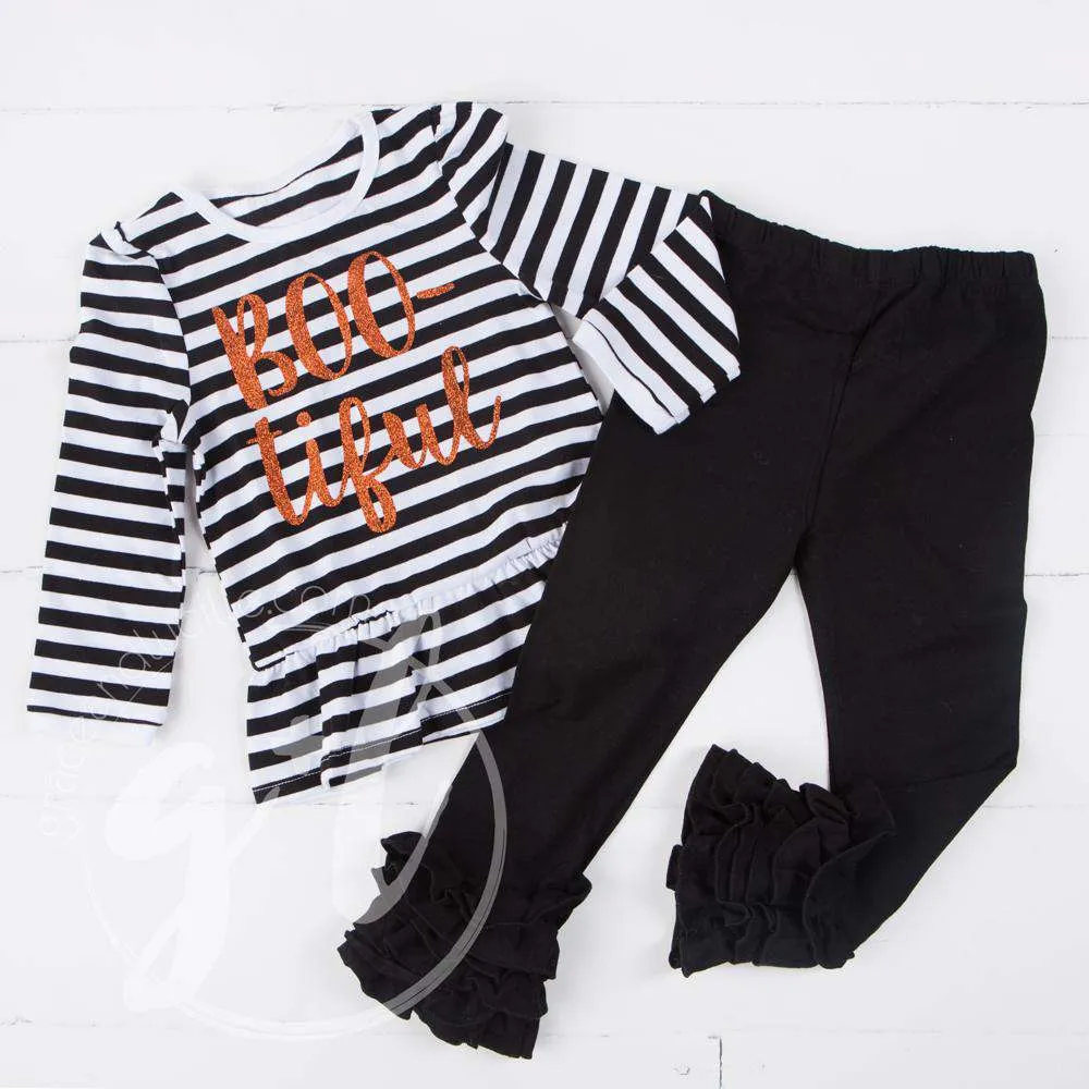 Black Stripe "BOO-tiful" Ruffle Hem Shirt, Long Sleeve