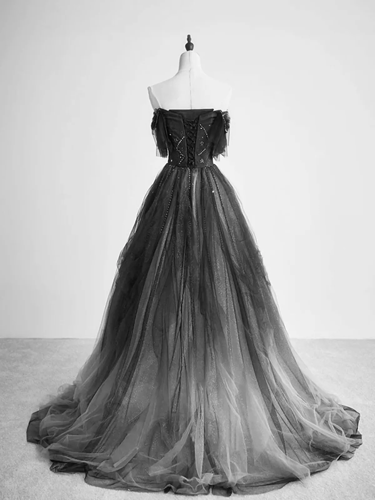 Black Sweetheart Beaded Tulle Off Shoulder Party Dress, Black Long Formal Dress Prom Dress