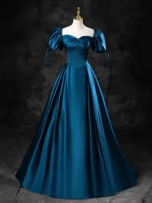 Blue Satin Off the Shoulder Floor Length Prom Dress Blue A-Line Party Dress