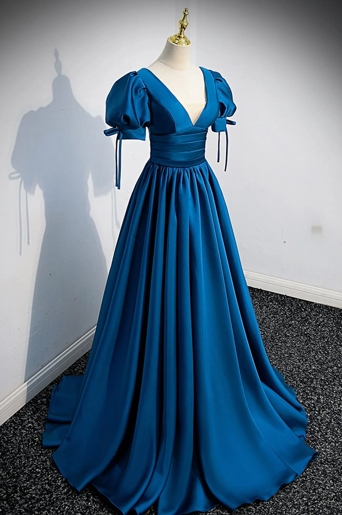 Blue V-Neck Satin Long Prom Dress Simple A-Line Evening Dress
