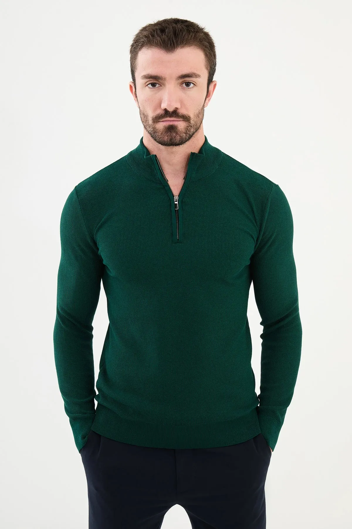 Bojoni Capena Textured Slim Fit Zippered Half Turtleneck Emerald  Knitwear Sweater