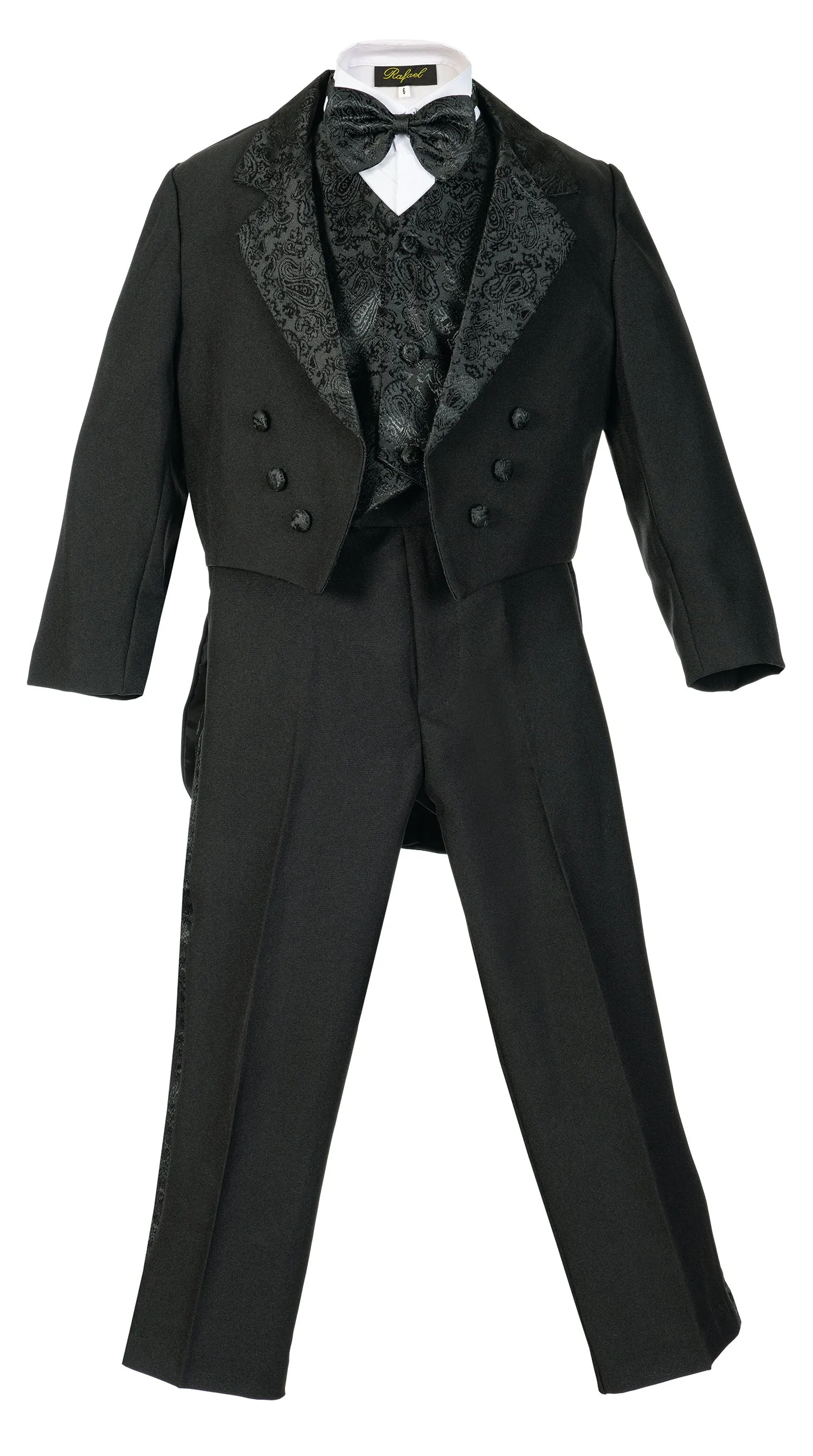 Boys 5- Piece Jacquard Shawl Lapel Tail Tuxedo Set With Shirt And Bow Tie -Black