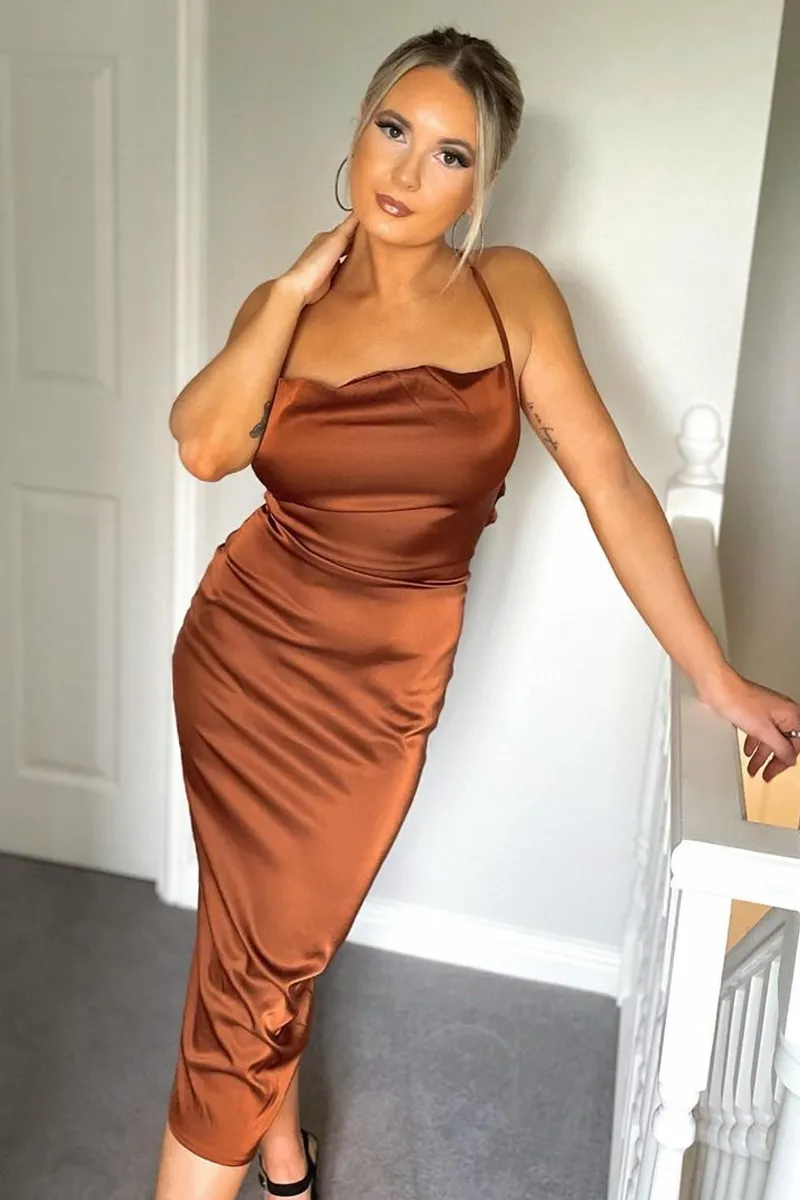 Brown Satin Cowl Neck Midi Bodycon Dress - Liliana