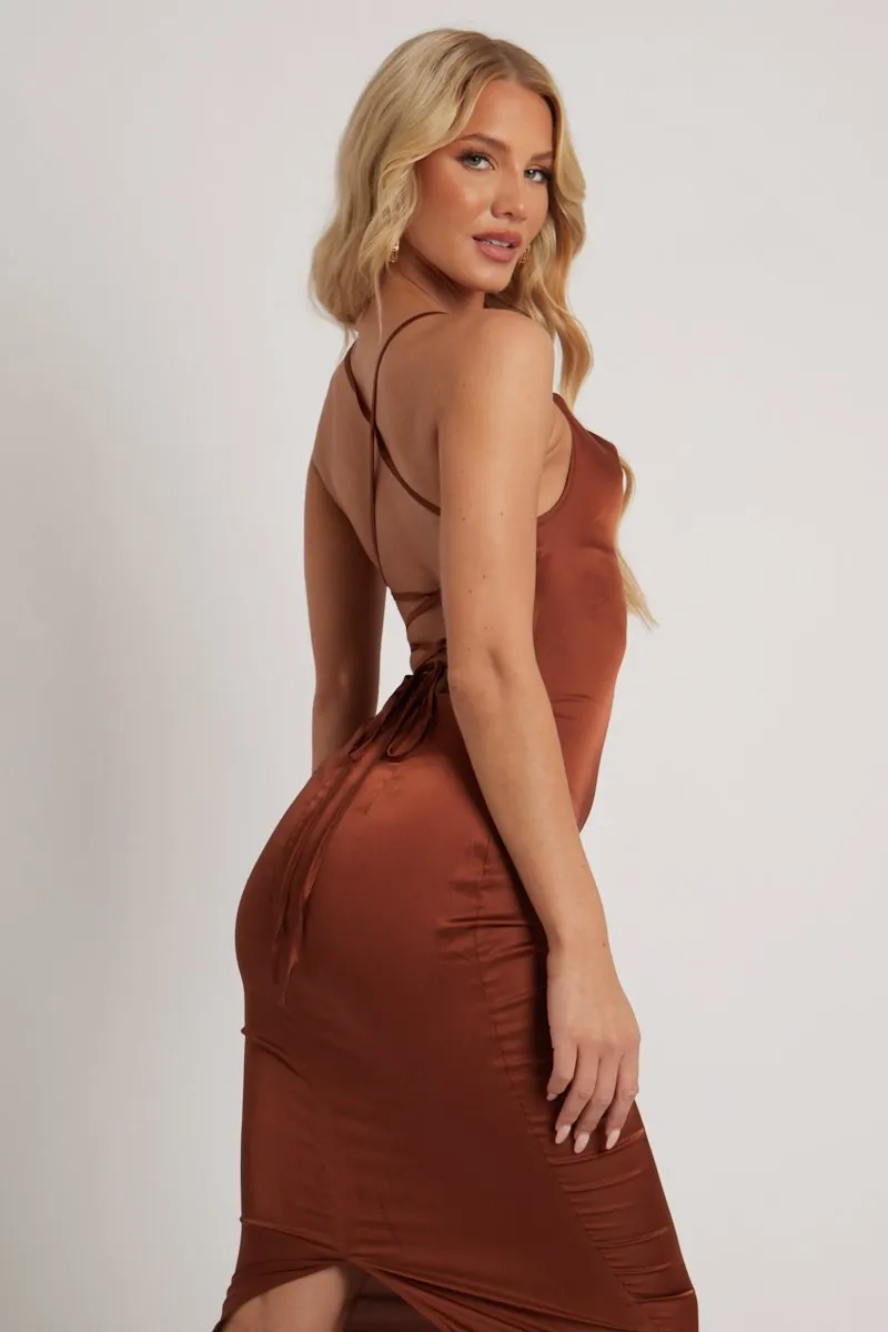 Brown Satin Cowl Neck Midi Bodycon Dress - Liliana