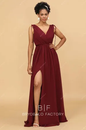 Burgundy Chiffon Sleeveless V-neck Slit Long Best Dress