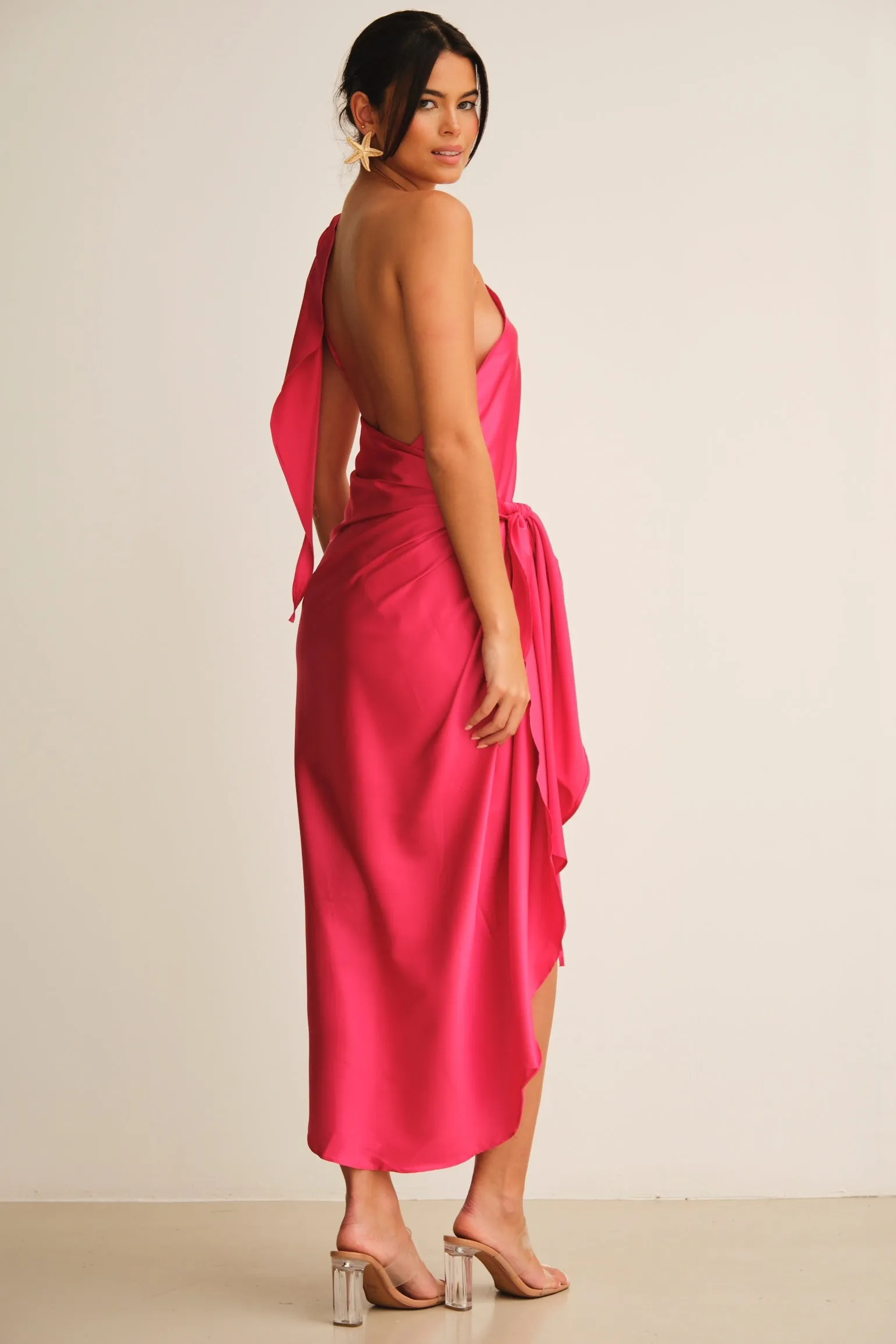 Carla One Shoulder Midi  Dress Fuchsia